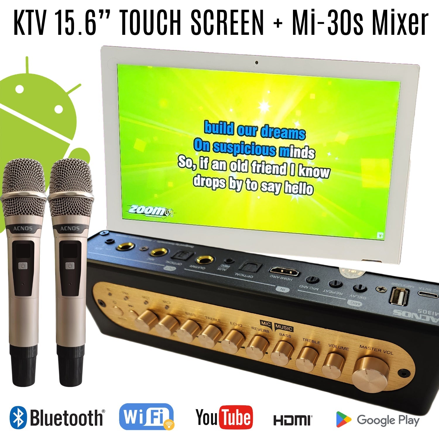 15.6" Karaoke Touch Screen System + ACNOS Mi-30s Mixer (with 2 UHF Wireless Microphones) - Karaoke Home Entertainment