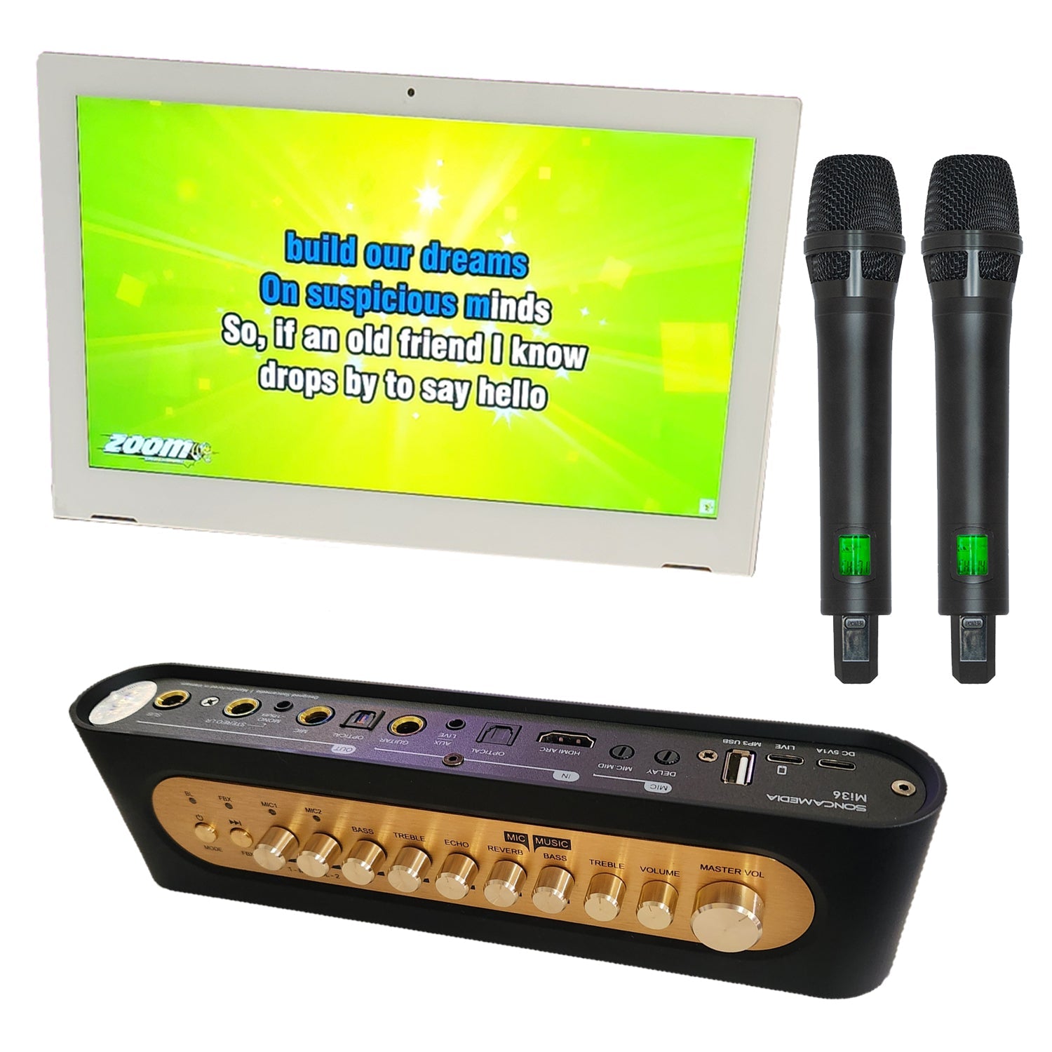 15.6" Karaoke Touch Screen System + Soncamedia Mi - 36 Mixer (with 2 UHF Wireless Microphones) - Karaoke Home Entertainment