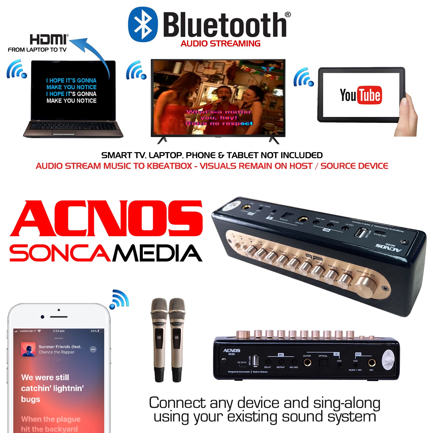 ACNOS Mi-30 Compact Portable Karaoke Mixer + 2 UHF Wireless Microphones + Carry Bag