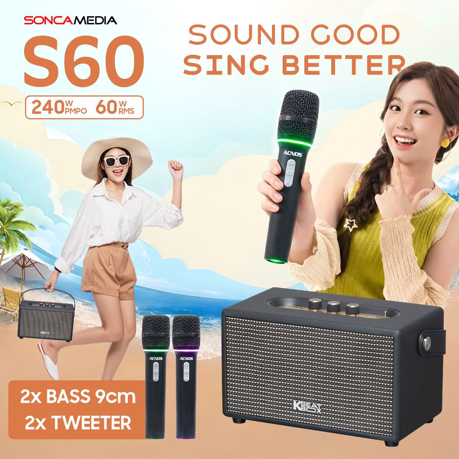KBEATBOX S-60 Ultra-Compact Karaoke System 60W RMS + Wireless Microphones