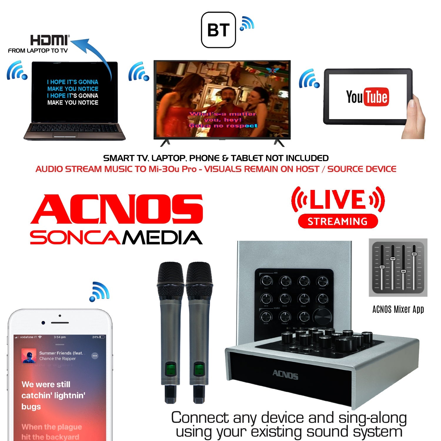 ACNOS Mi - 30u PRO Karaoke Enhancer Mixer + 2 UHF Wireless Microphones - Karaoke Home Entertainment