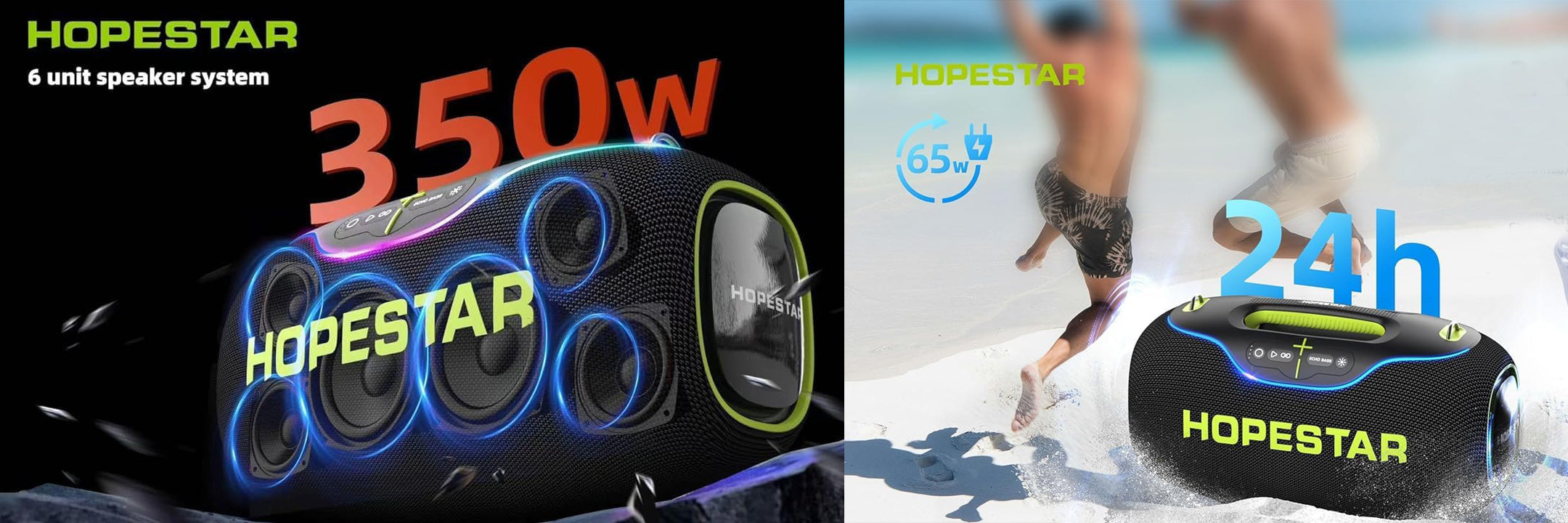 HOPESTAR speaker system with power output and battery life display on a beach background