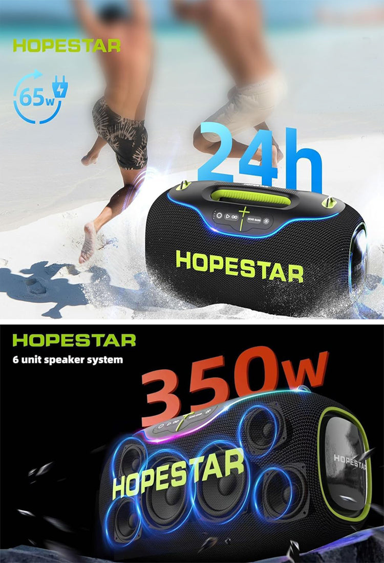 HOPESTAR speaker system with beach scene and product details