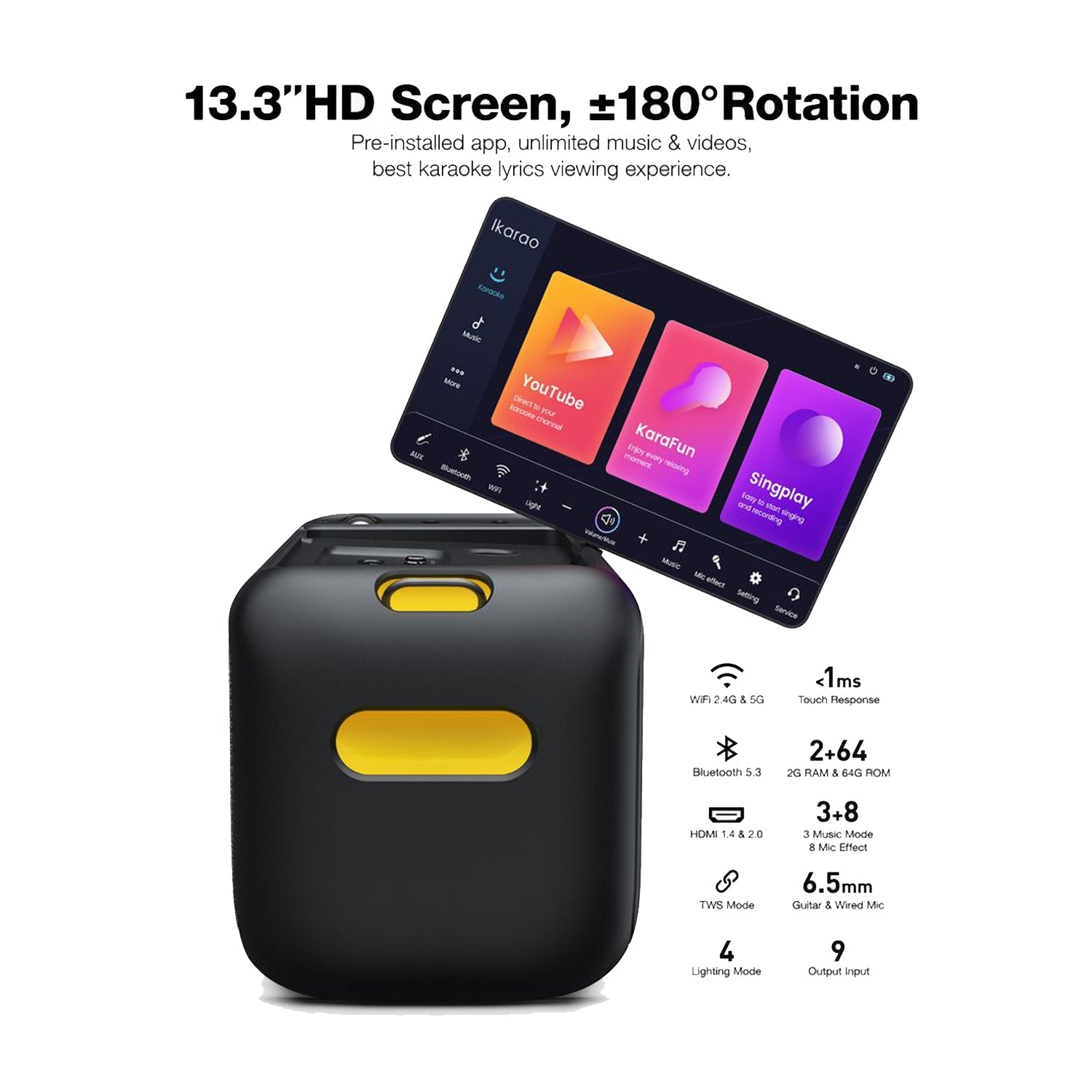 IKARAO Break X1 Portable Karaoke Machine with 13.3” Rotating Touch Screen & Wireless Microphones - Karaoke Home Entertainment
