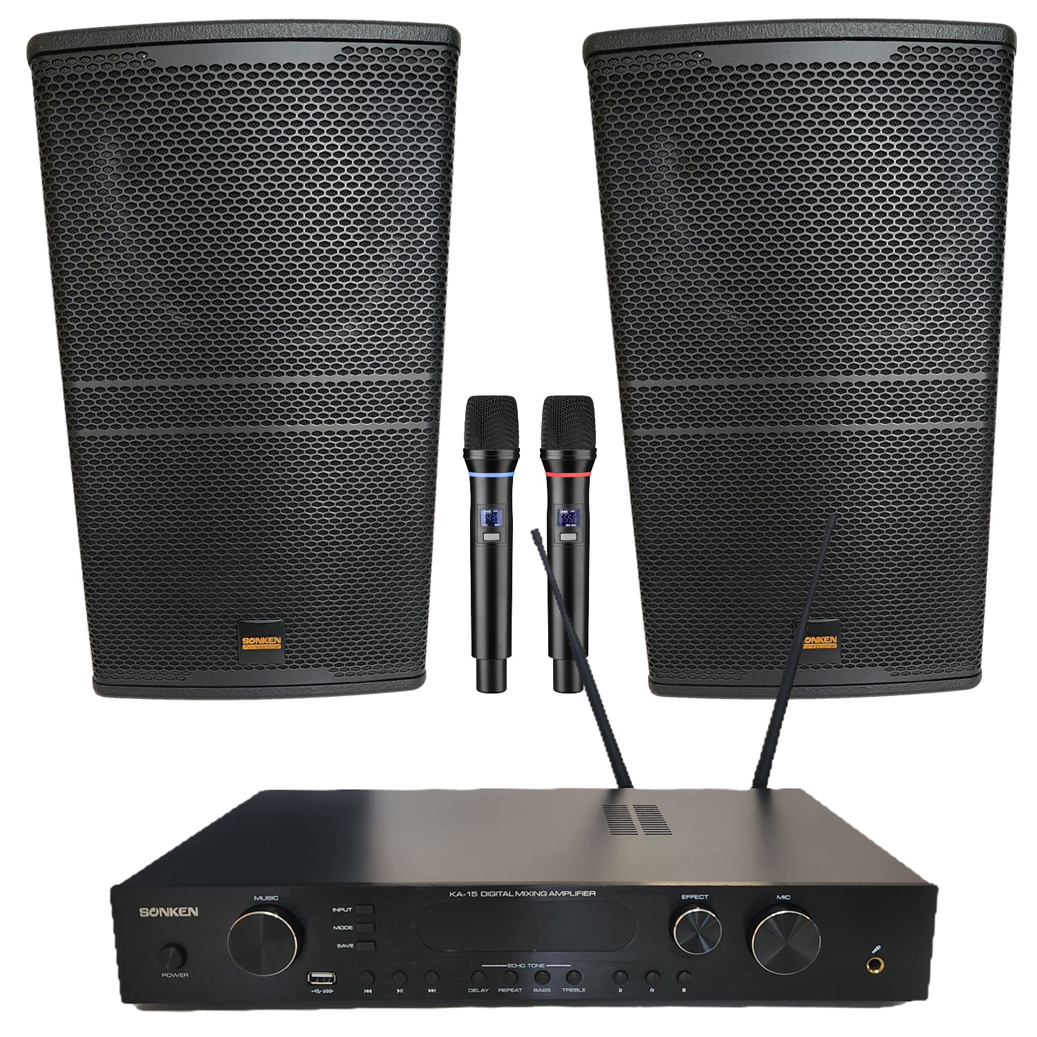 Sonken Home Karaoke Studio Package Deal (KA-15 Amp + MSR-1210 (12") Speakers + Wireless Mics