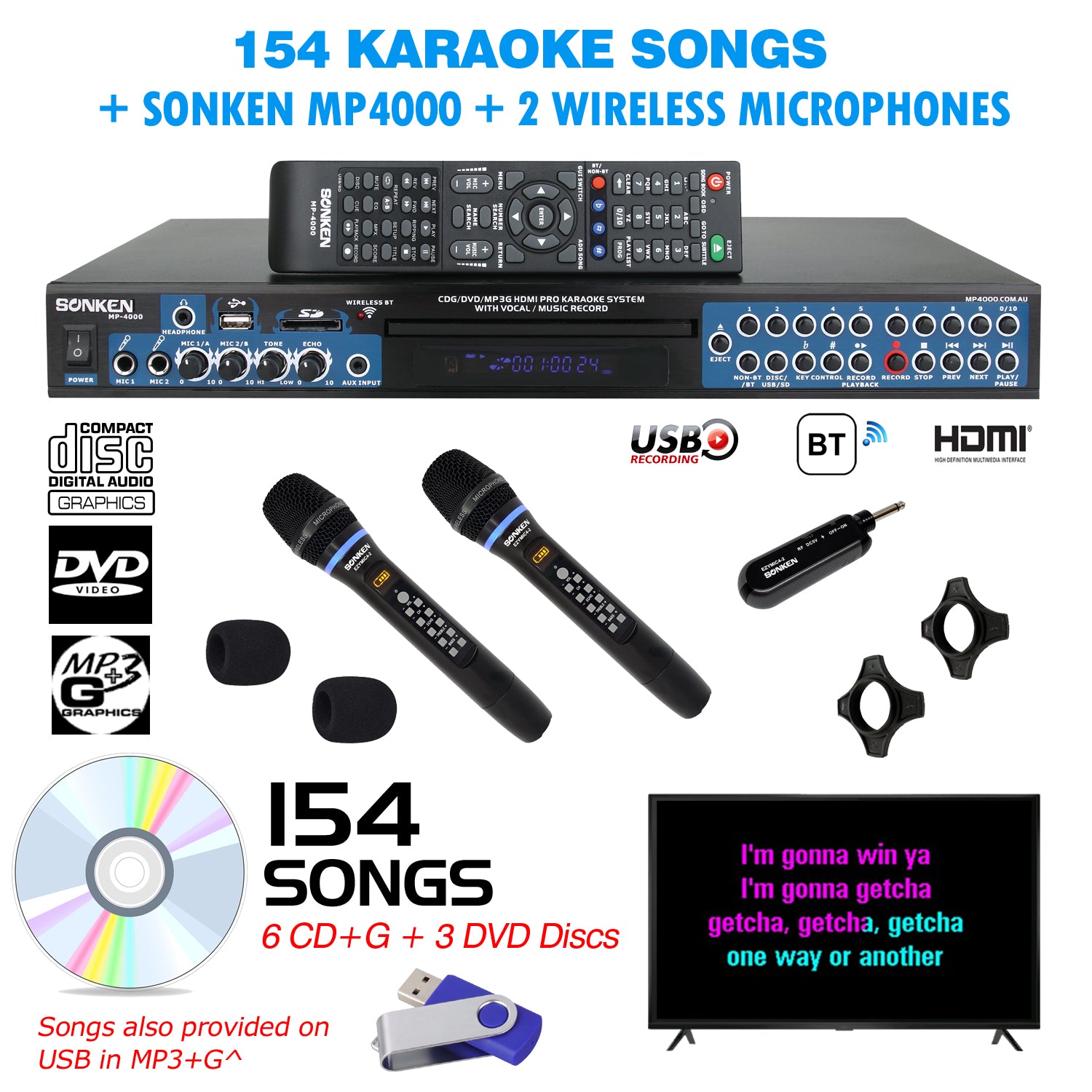 Sonken MP4000 Pro Karaoke Machine + 154 Songs + 2 Wireless Microphones