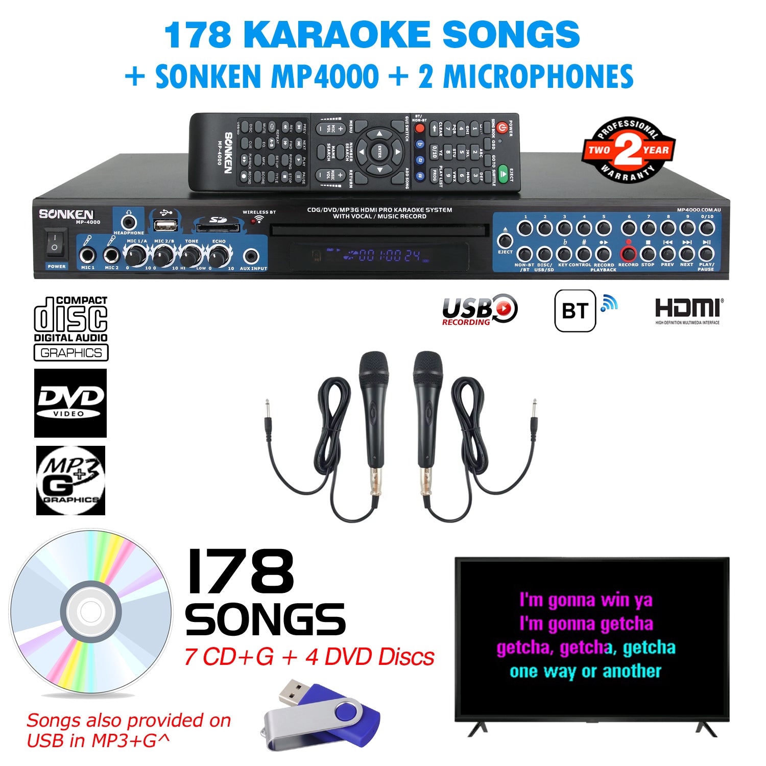 Sonken MP4000 Pro Karaoke Machine + 178 Songs + 2 Wired Microphones