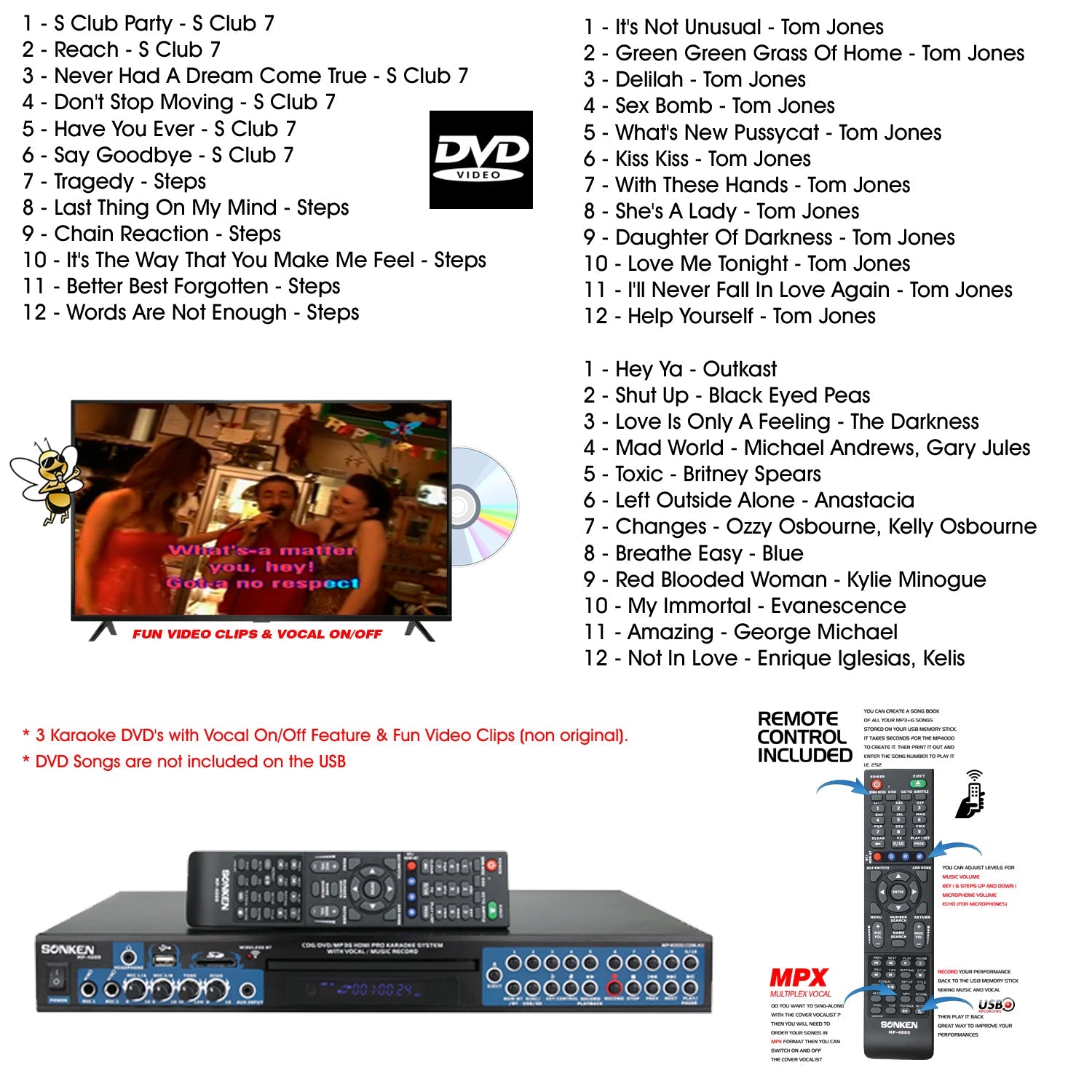 Sonken MP4000 Pro Karaoke Machine + 154 Songs + 2 Wireless Microphones - Karaoke Home Entertainment