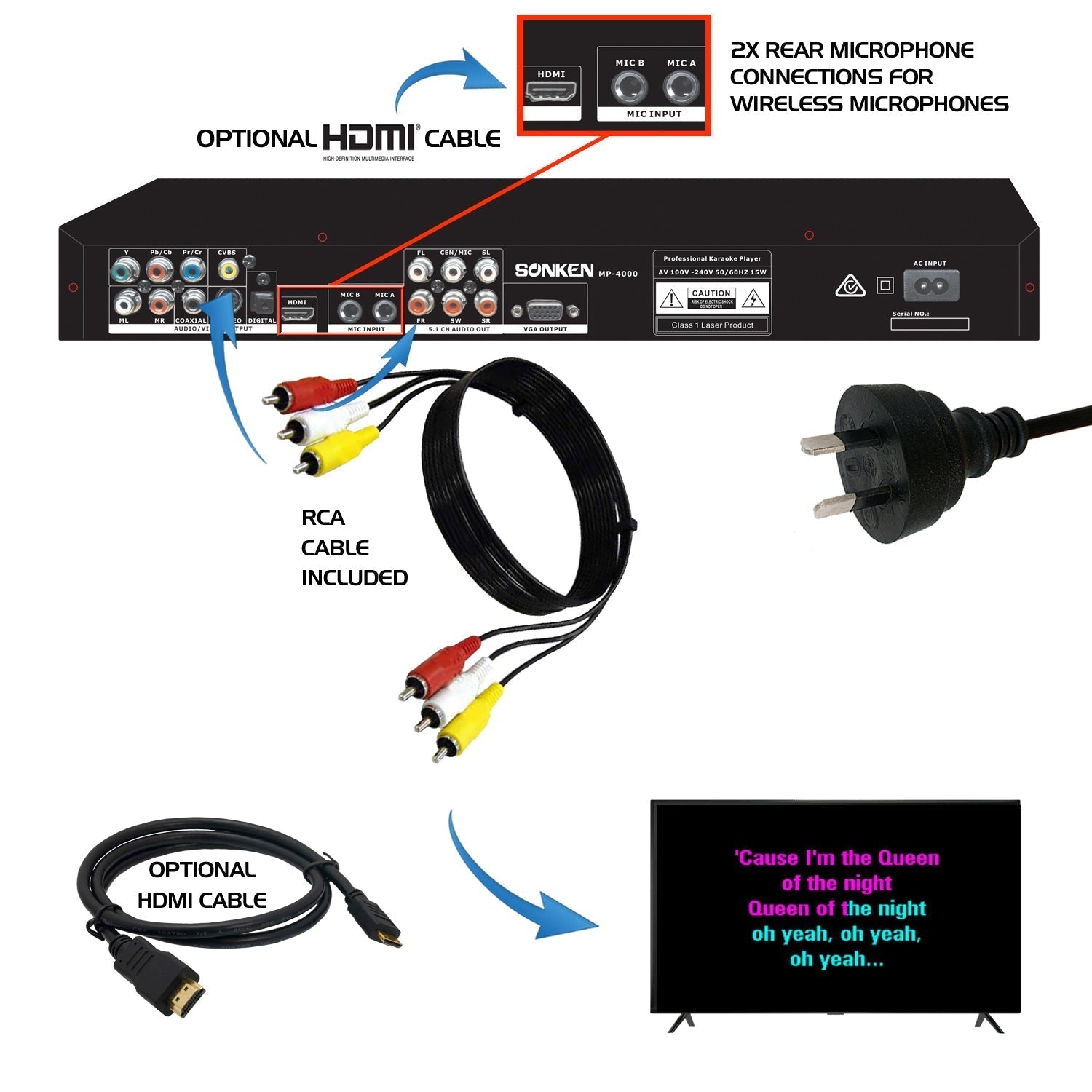 Sonken MP4000 Pro Karaoke Machine + 178 Songs + 2 Wired Microphones - Karaoke Home Entertainment