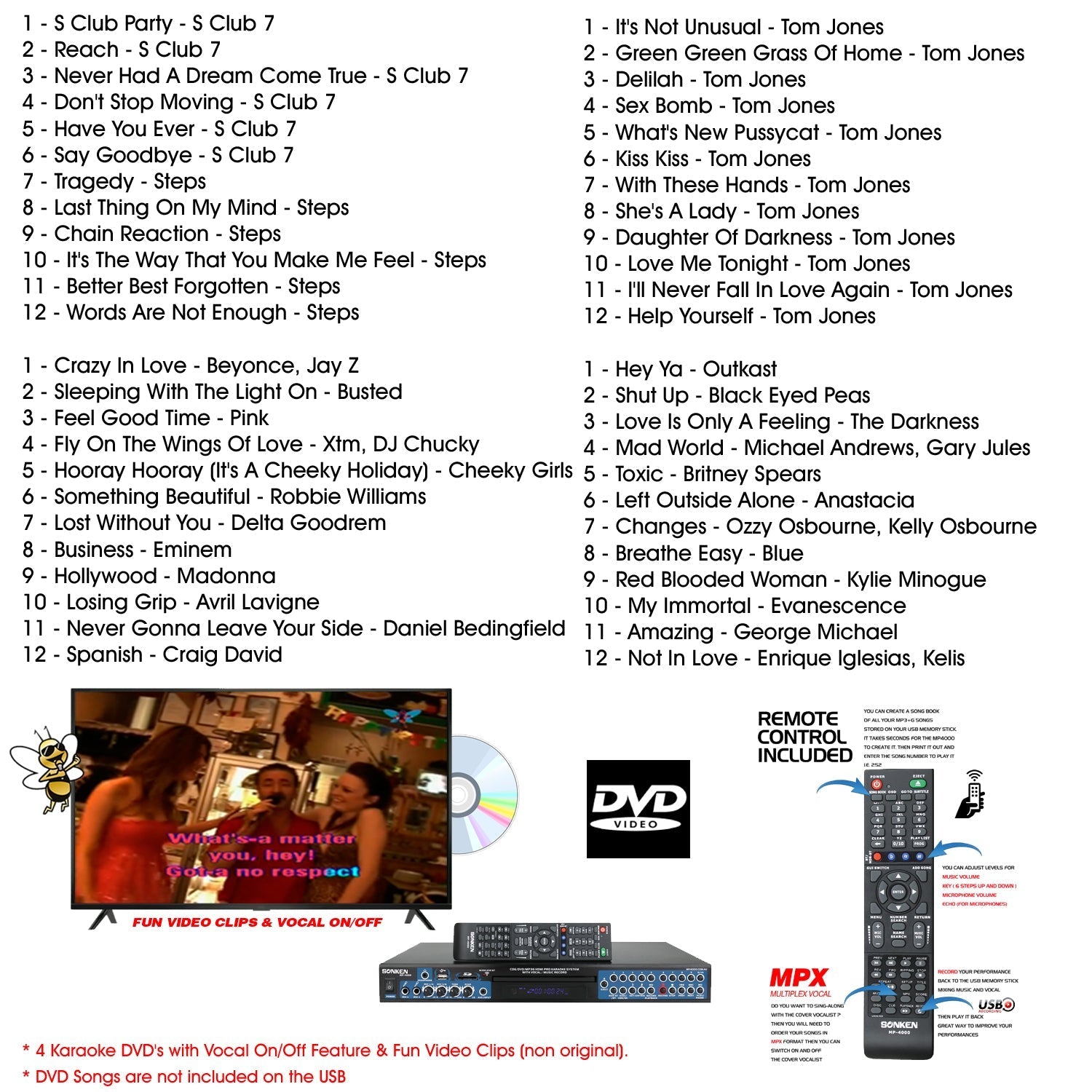 Sonken MP4000 Pro Karaoke Machine + 178 Songs + 2 Wired Microphones - Karaoke Home Entertainment