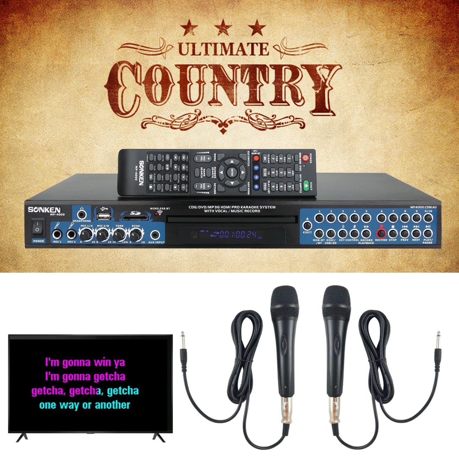 Sonken MP4000 Pro Karaoke Machine + 225 Country Karaoke Songs + 2 Wired Microphones - Karaoke Home Entertainment