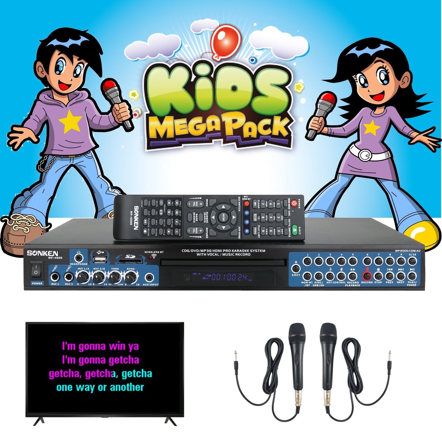 Sonken MP4000 Pro Karaoke Machine + 236 Kids Songs + 2 Wired Microphones - Karaoke Home Entertainment