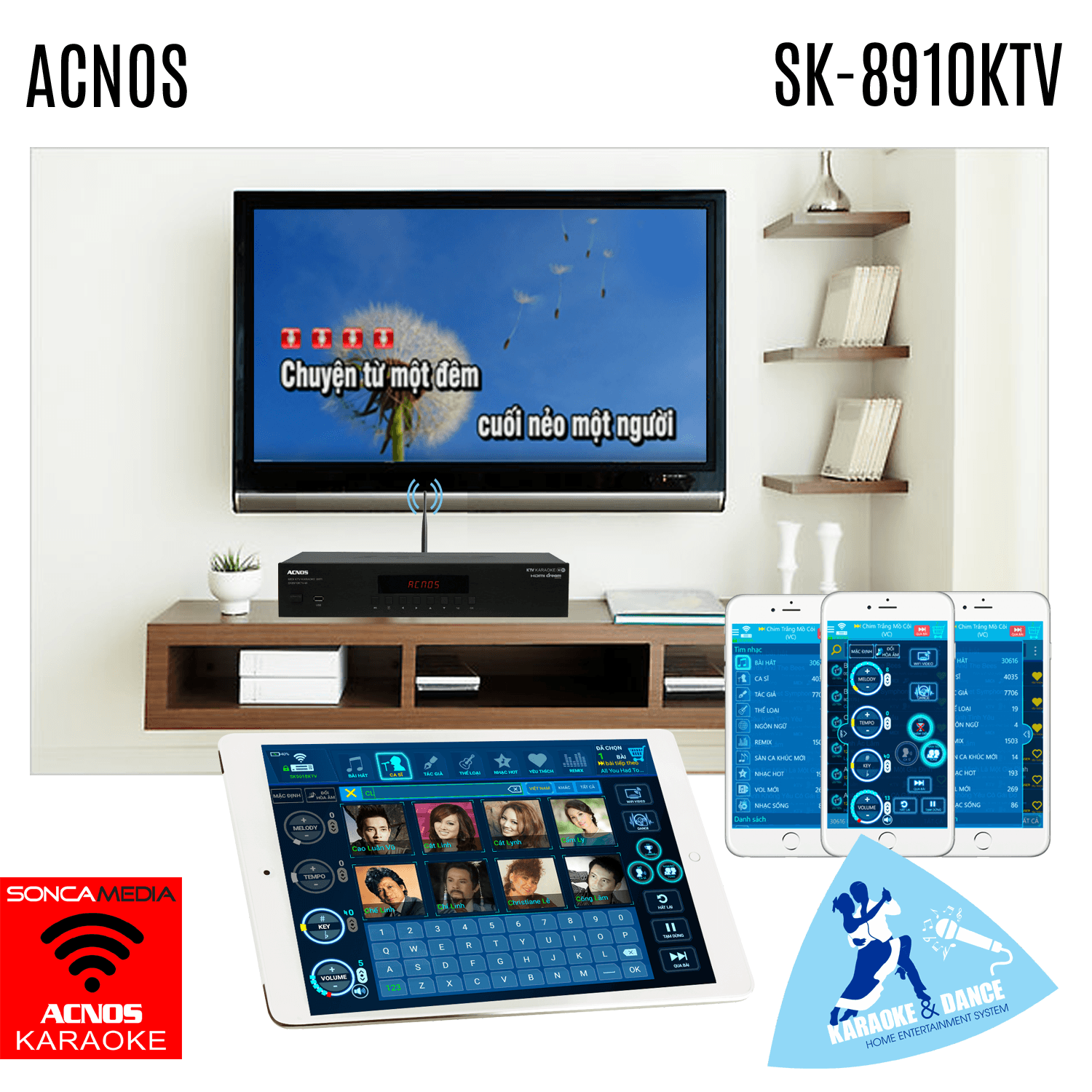 ACNOS SK-8910KTV Vietnamese Karaoke System (WIFI + APP 43K Viet Songs) + 14K Viet Songs (USB) + HDD SLOT - Karaoke Home Entertainment