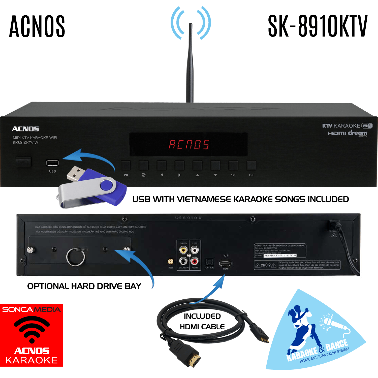 ACNOS SK-8910KTV Vietnamese Karaoke System (WIFI + APP 43K Viet Songs) + 14K Viet Songs (USB) + HDD SLOT - Karaoke Home Entertainment