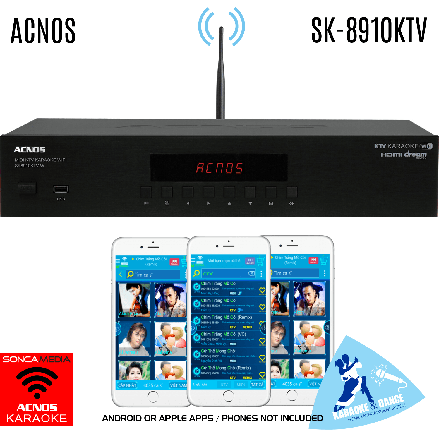 ACNOS SK-8910KTV Vietnamese Karaoke System (WIFI + APP 43K Viet Songs) + 14K Viet Songs (USB) + HDD SLOT - Karaoke Home Entertainment