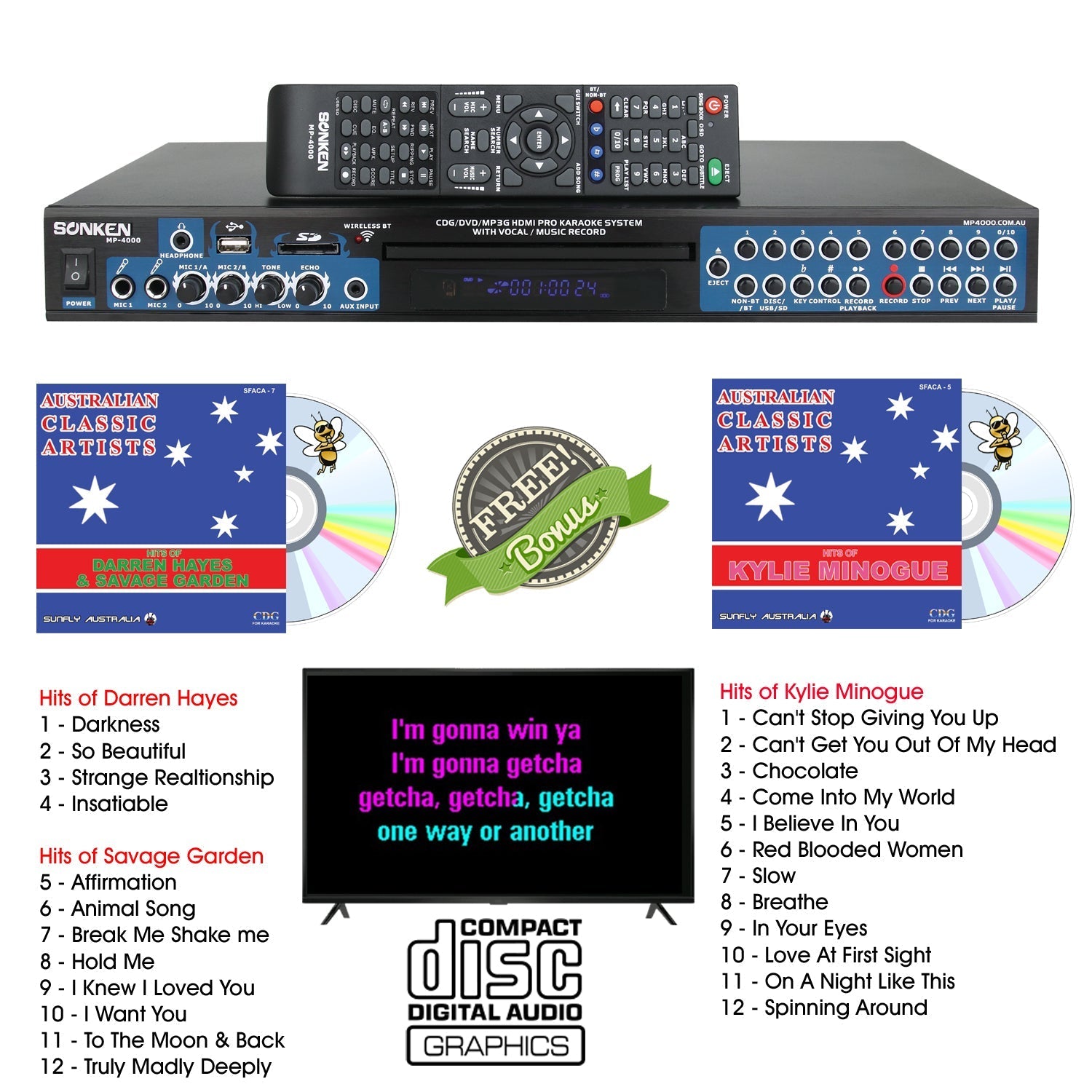 Sonken Home Karaoke Studio Package Deal (KA-13 Amp/CS-450 Speakers/WM-800D Wireless Mics/MP-4000 Karaoke Machine) - Karaoke Home Entertainment