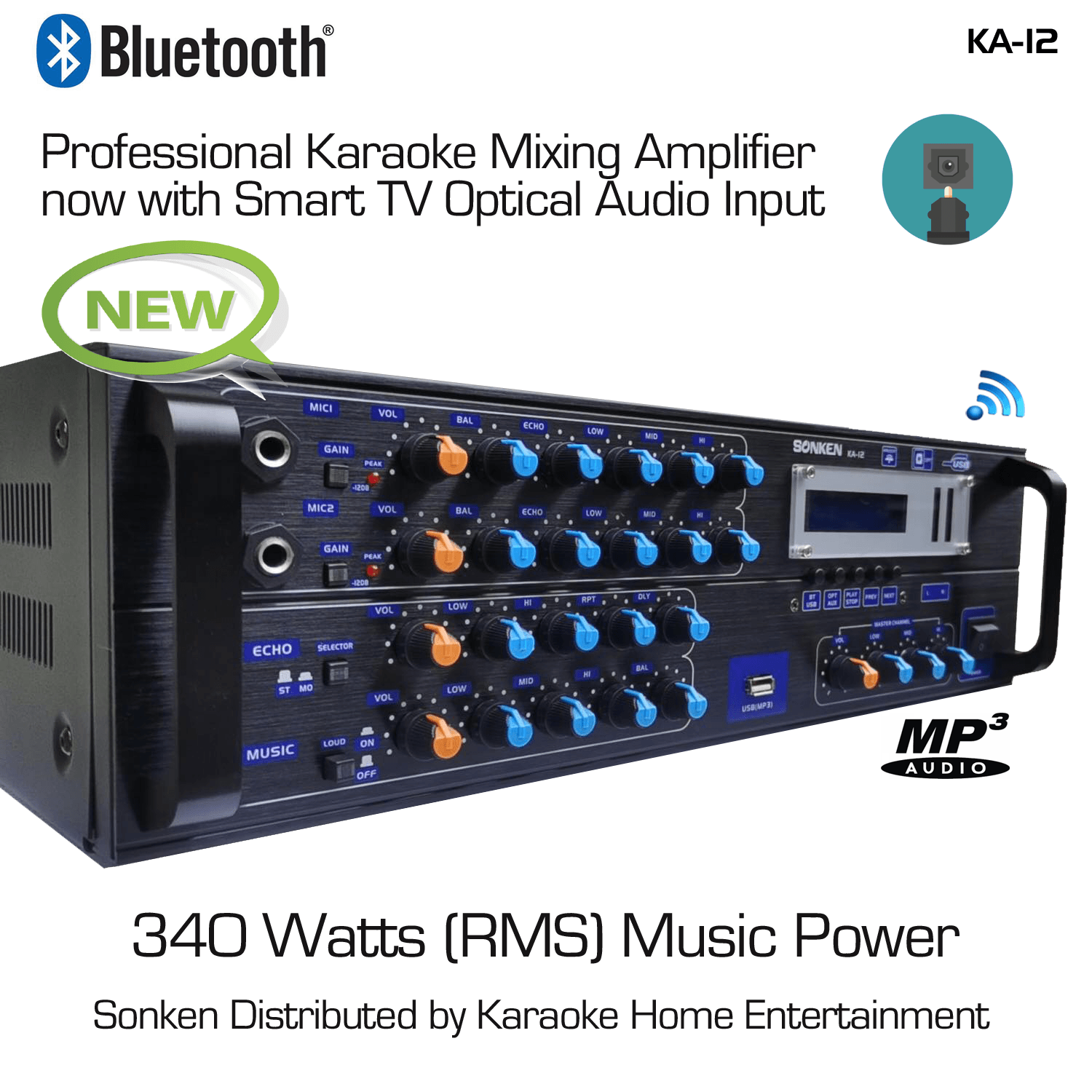 Sonken KA-12 Professional Series Karaoke Mixing Amplifier (340 Watts - RMS) + Smart TV Optical Input + Bluetooth - Karaoke Home Entertainment