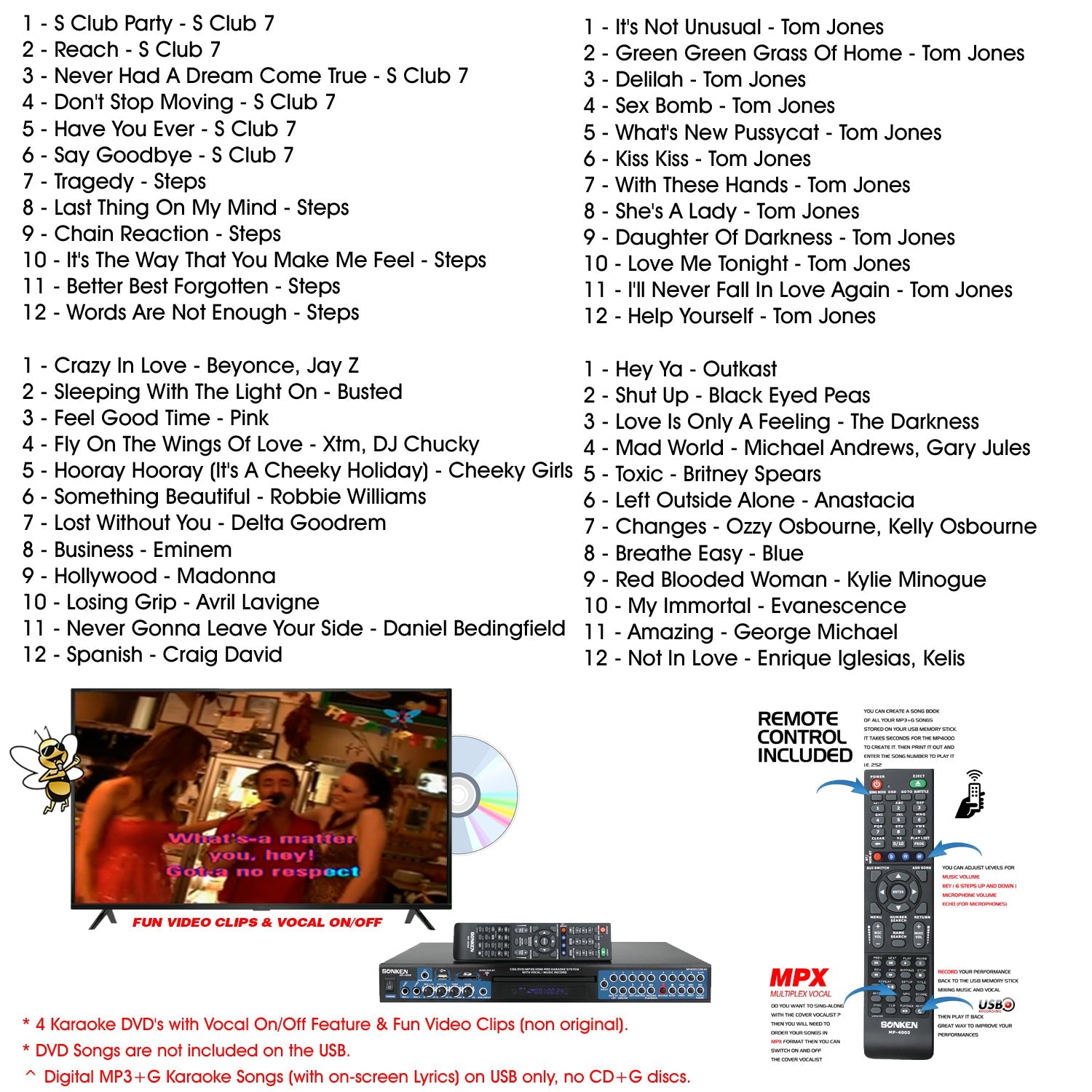 Sonken MP4000 Pro Karaoke Machine + 233 Songs + 2 Wired Microphones - Karaoke Home Entertainment