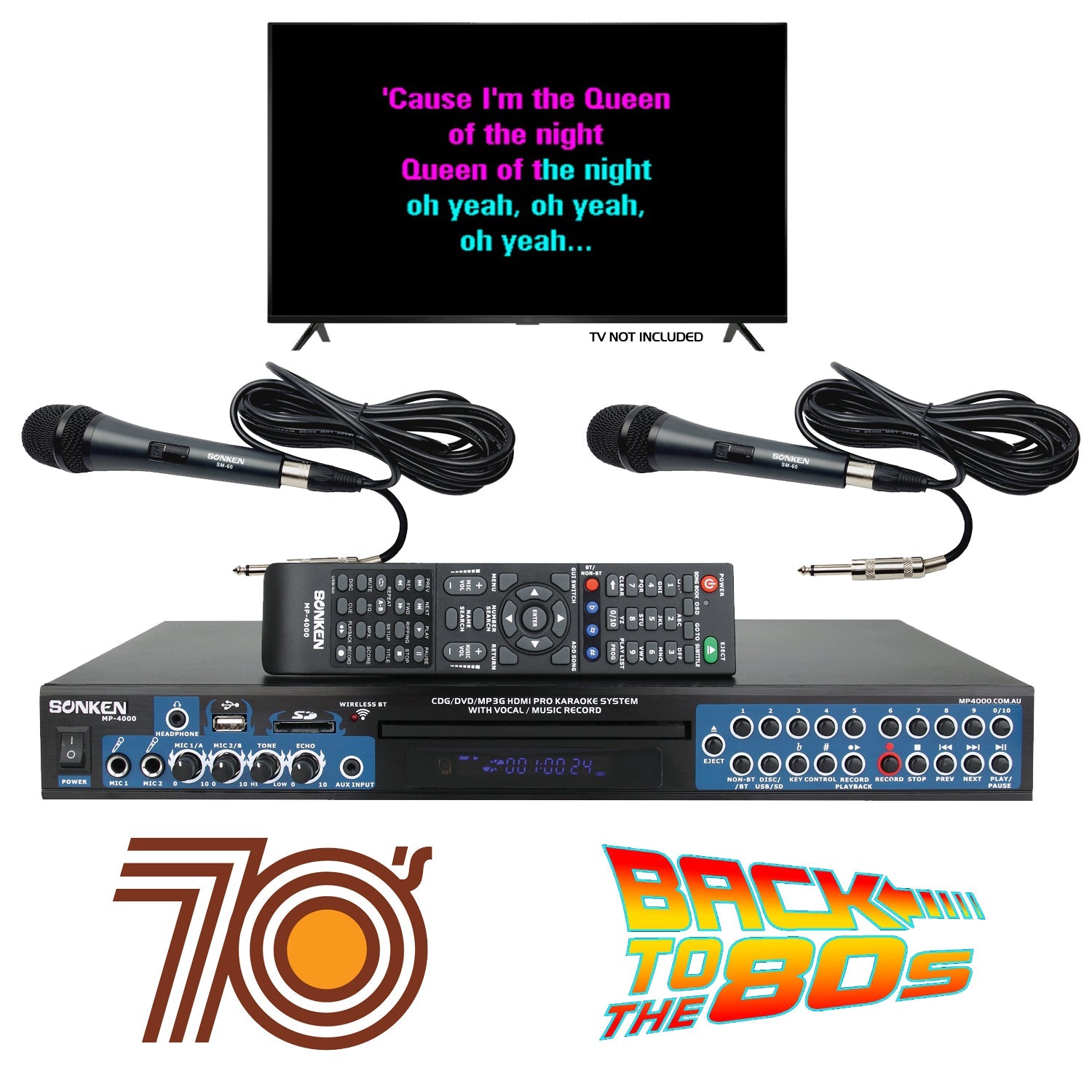 Sonken MP4000 Pro Karaoke Machine + 420 Songs from the 70's & 80's + 2 Wired Microphones - Karaoke Home Entertainment