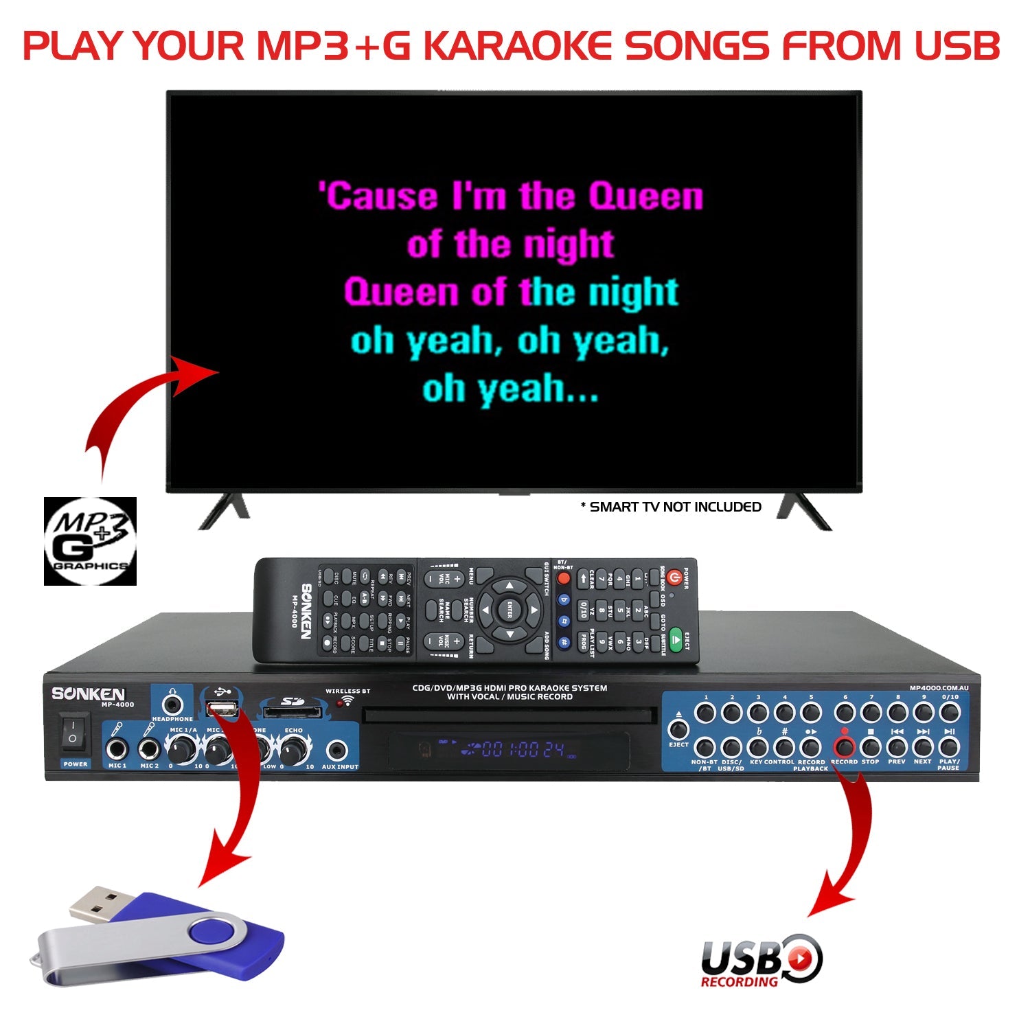 Sonken MP4000 Pro Karaoke Machine + 420 Songs from the 70's & 80's + 2 Wireless Microphones - Karaoke Home Entertainment