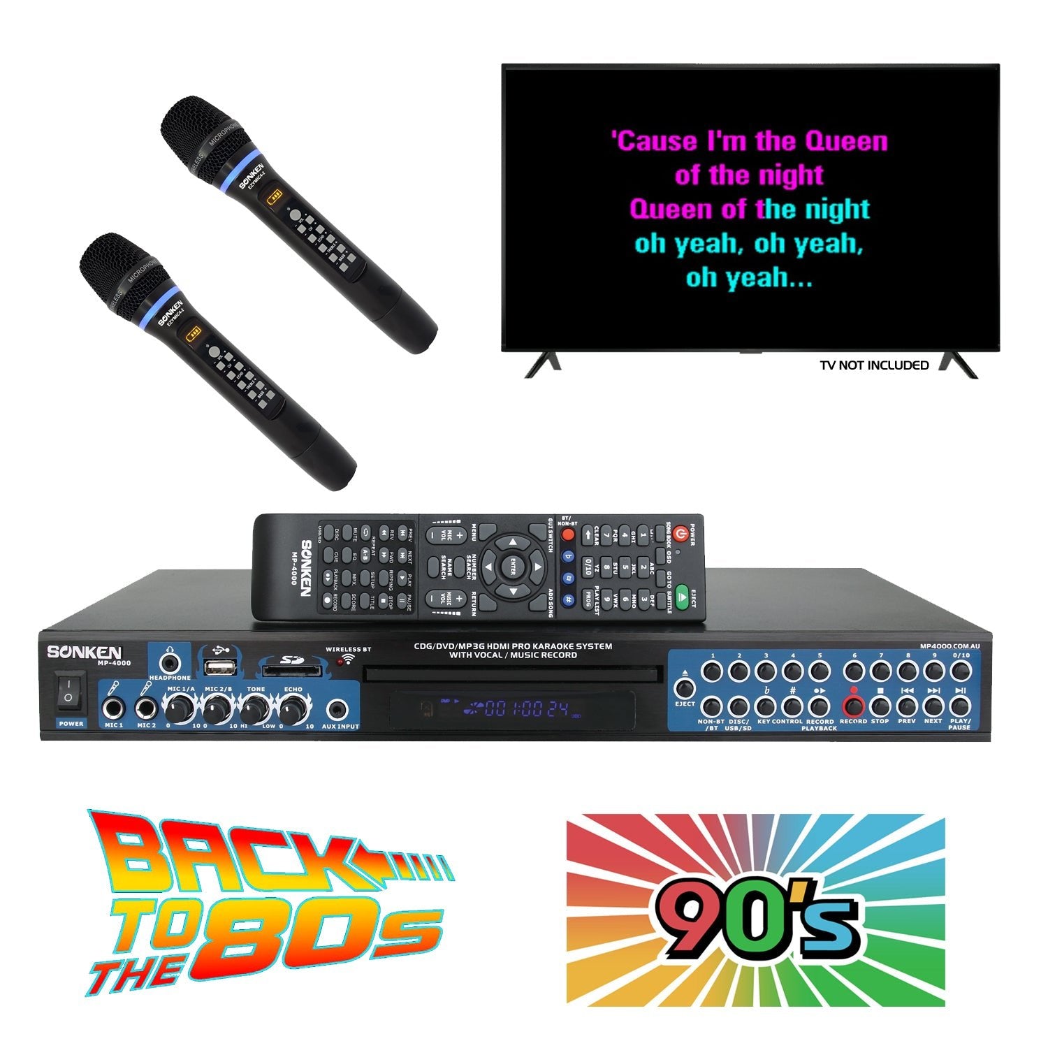 Sonken MP4000 Pro Karaoke Machine + 420 Songs from the 80's & 90's + 2 Wireless Microphones - Karaoke Home Entertainment