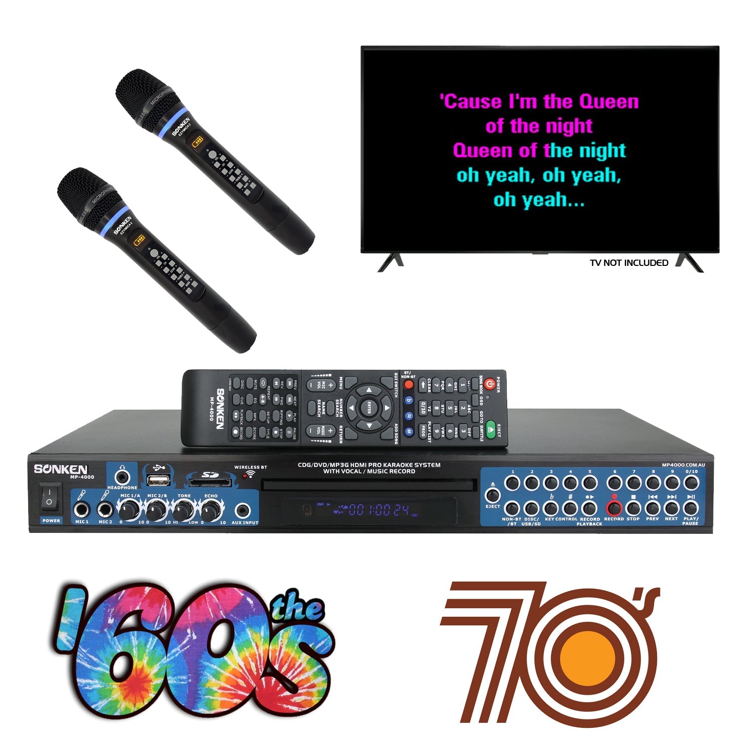 Sonken MP4000 Pro Karaoke Machine + 435 Songs from the 60's & 70's + 2 Wireless Microphones - Karaoke Home Entertainment