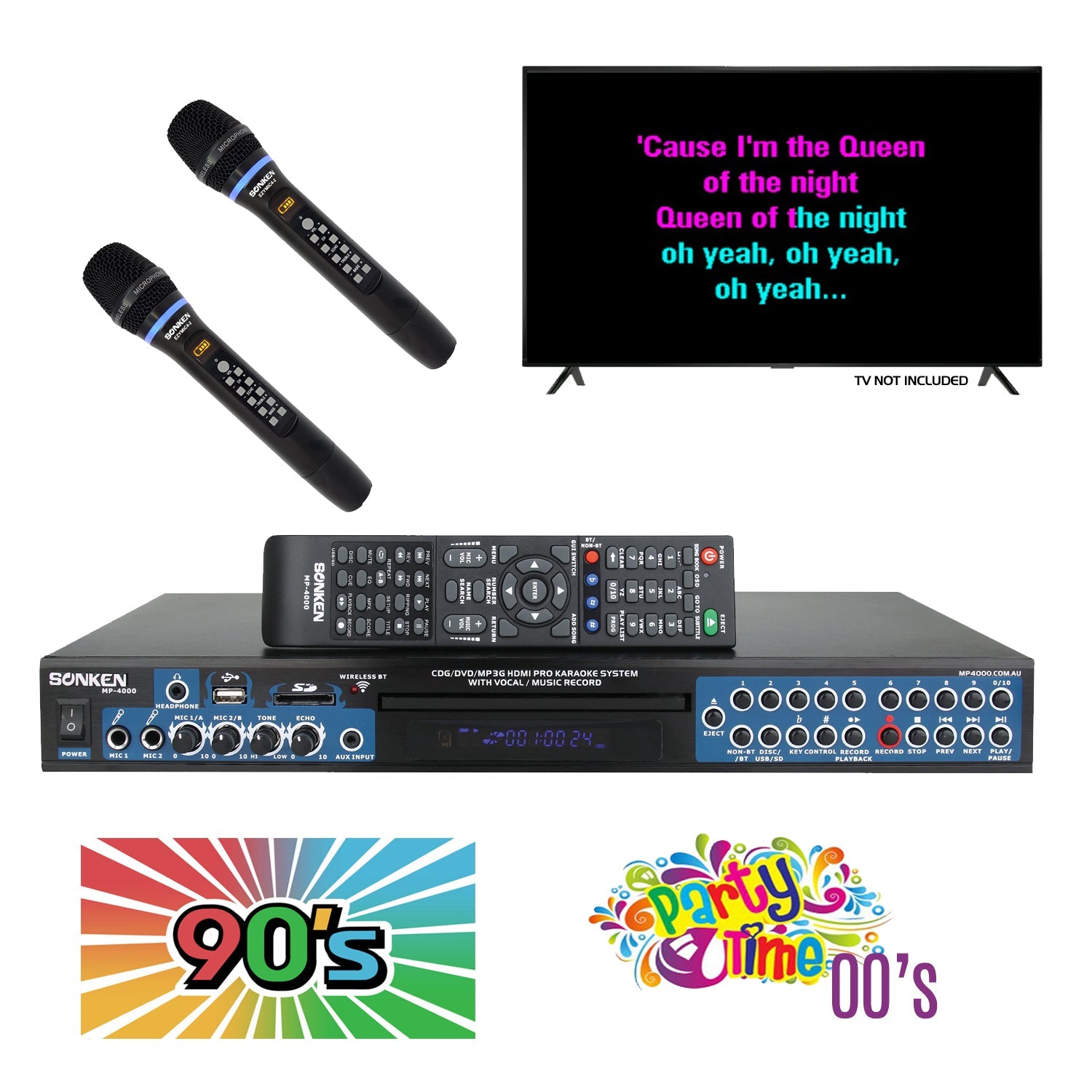 Sonken MP4000 Pro Karaoke Machine + 435 Songs from the 90's & 00's + 2 Wireless Microphones - Karaoke Home Entertainment
