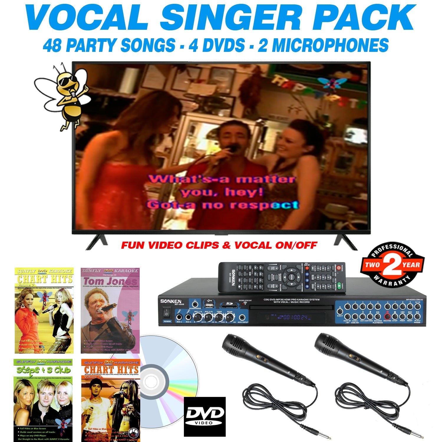 Sonken MP4000 Pro Karaoke Machine + 48 Vocal On + Off Songs [4 DVD's] + 2 Wired Microphones - Karaoke Home Entertainment