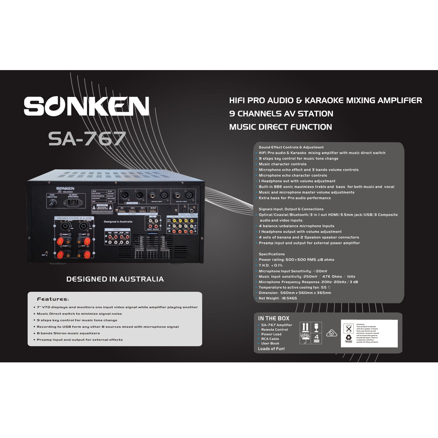Sonken SA-767 Professional Series Karaoke Mixing Amplifier (1000 Watts - RMS) + USB Vocal + Music Record + Bluetooth - Karaoke Home Entertainment
