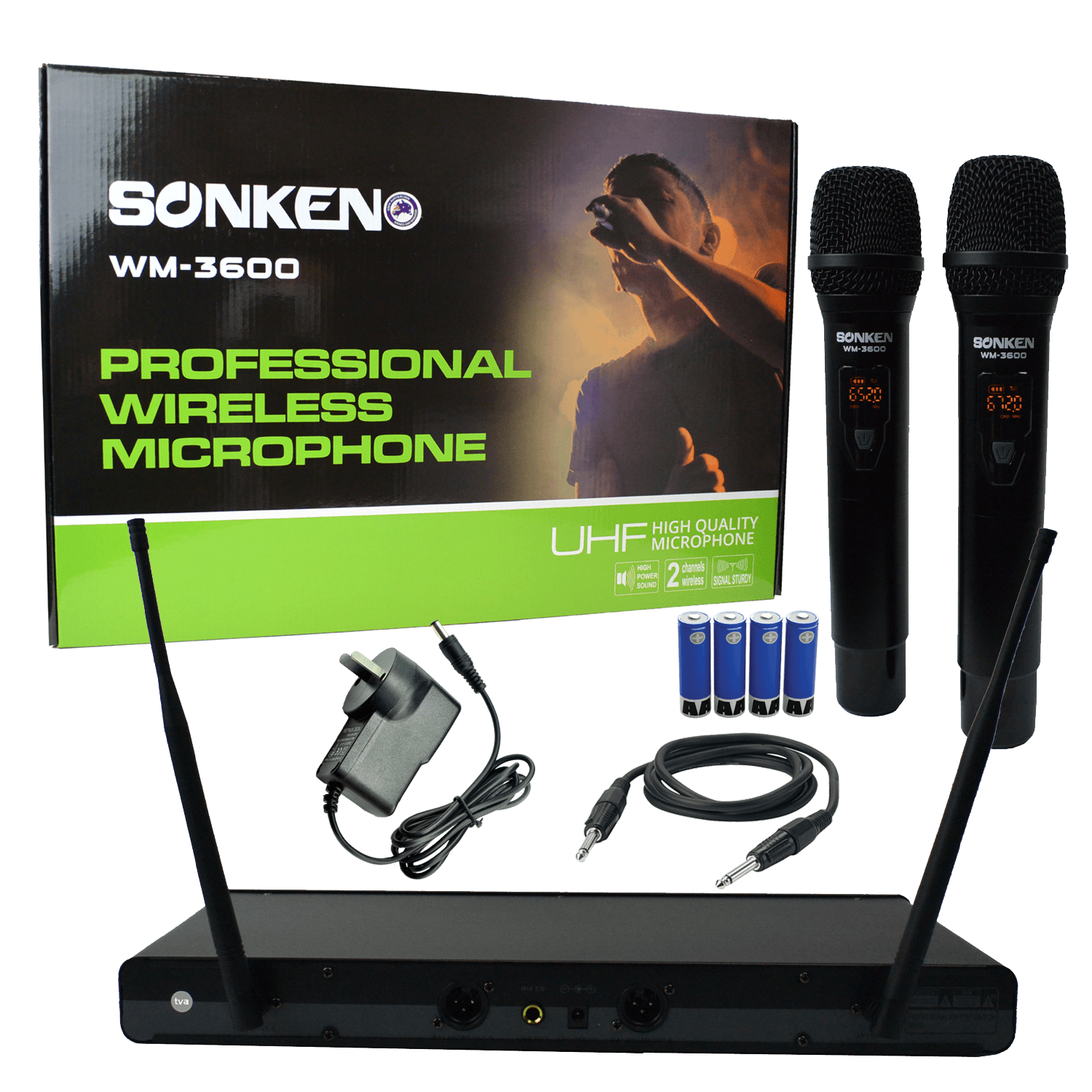 Sonken WM-3600 (Multi Channel) Pro UHF Wireless Microphones (2) and Receiver Unit - Karaoke Home Entertainment