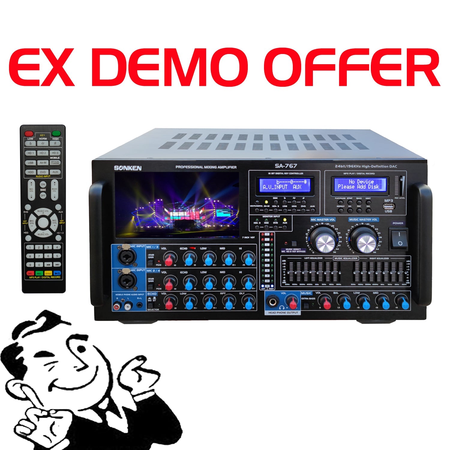 EX - DEMO - Sonken SA - 767 Professional Series Karaoke Mixing Amplifier (1000 Watts - RMS) + USB Vocal + Music Record + Bluetooth - Karaoke Home Entertainment