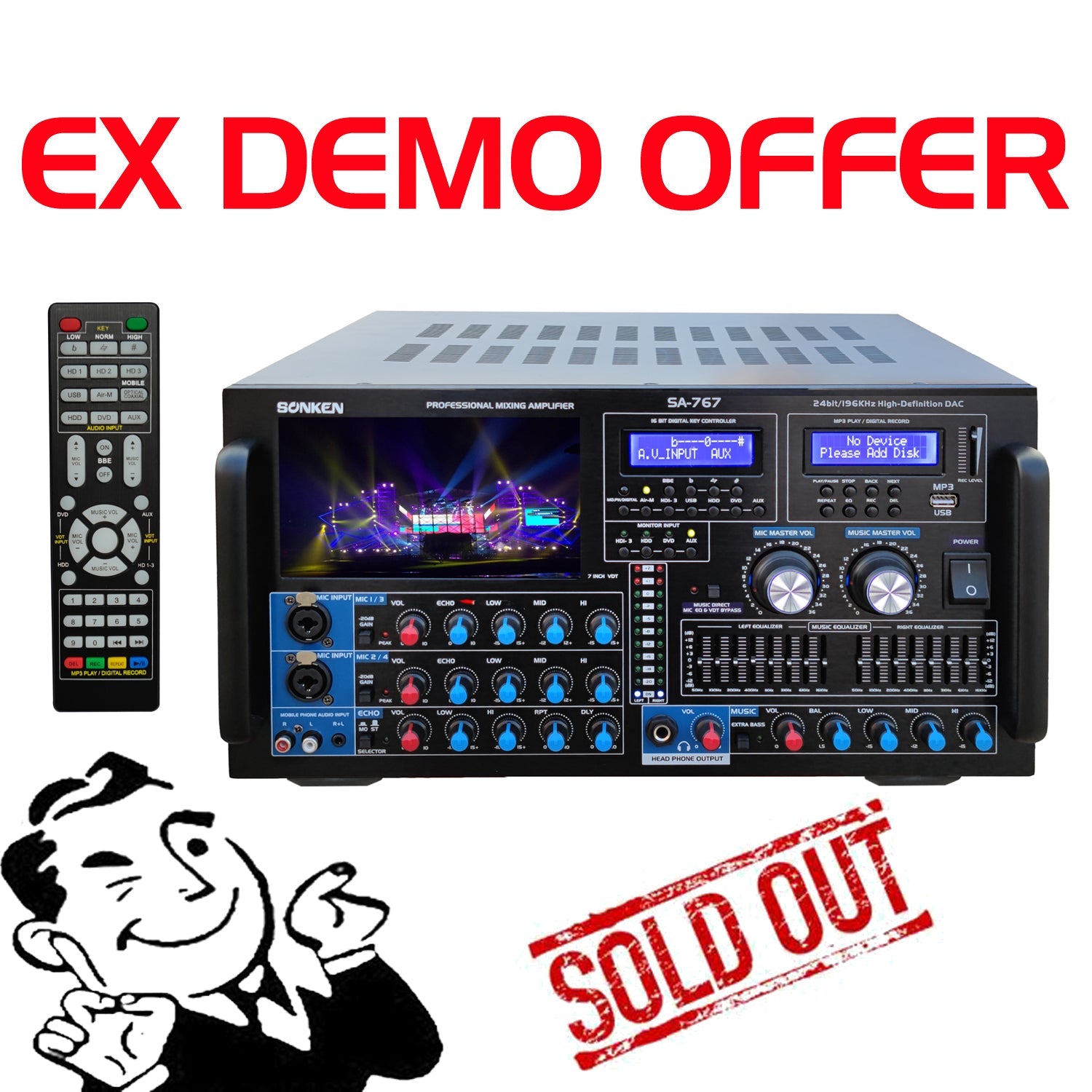 EX - DEMO - Sonken SA - 767 Professional Series Karaoke Mixing Amplifier (1000 Watts - RMS) + USB Vocal + Music Record + Bluetooth - Karaoke Home Entertainment