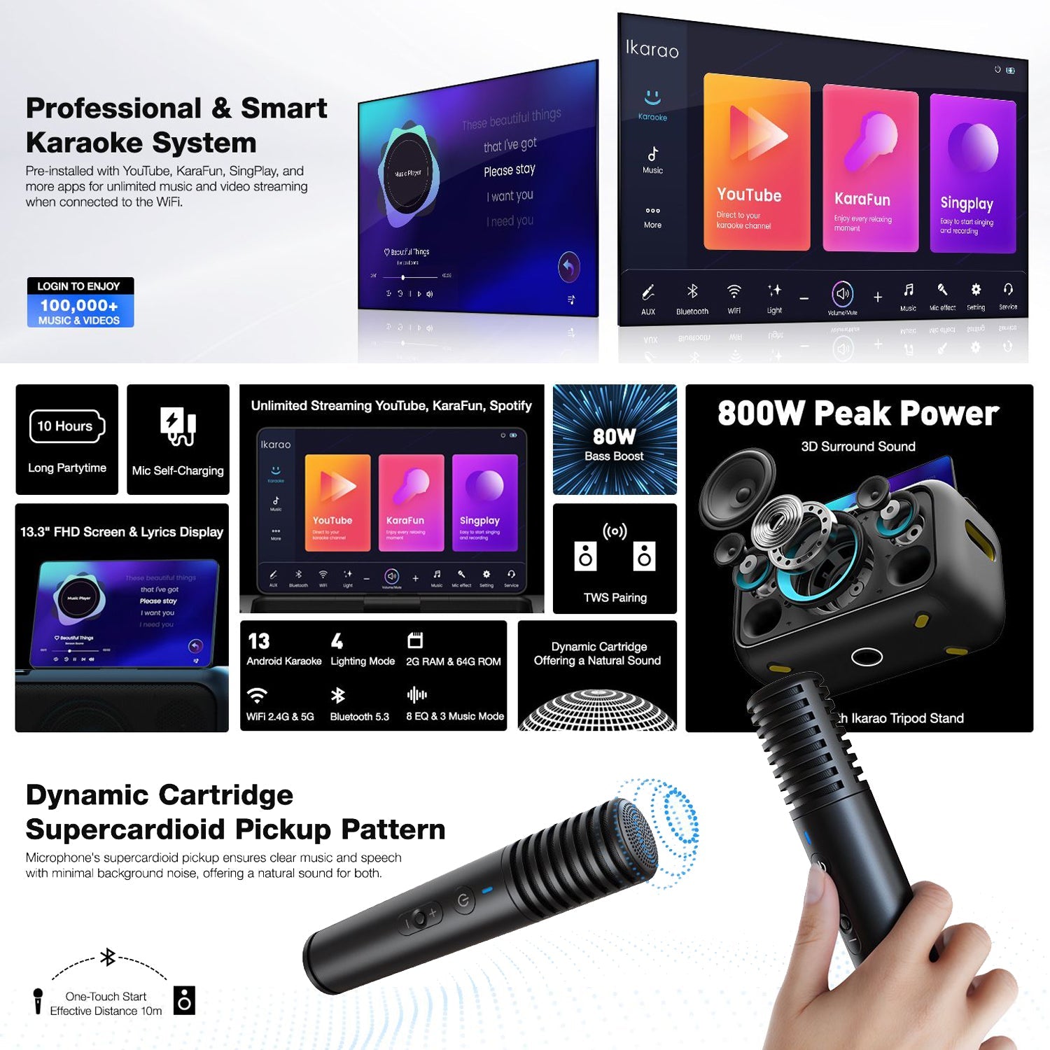 IKARAO Break X1 Portable Karaoke Machine with 13.3” Rotating Touch Screen & Wireless Microphones - Karaoke Home Entertainment