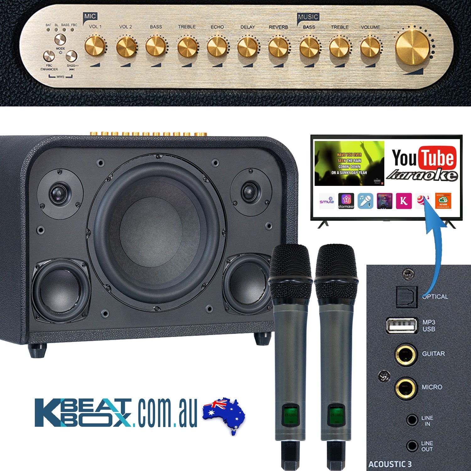 KBEATBOX ACOUSTIC 3 220W RMS [900W PMPO] Karaoke Powered Speaker System - Karaoke Home Entertainment