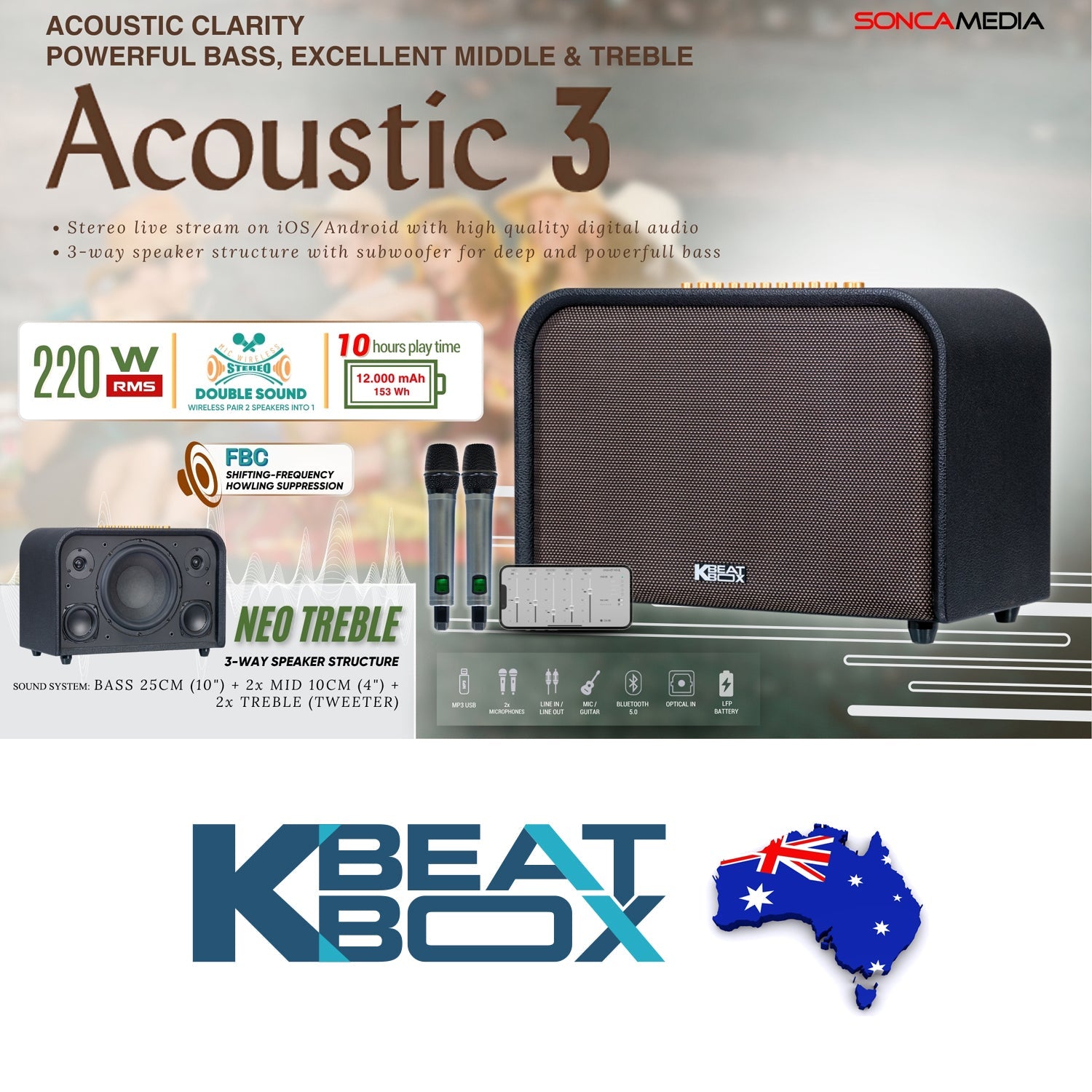 KBEATBOX ACOUSTIC 3 – Premium Karaoke Sound System | 220W RMS | Wireless Mics - Karaoke Home Entertainment