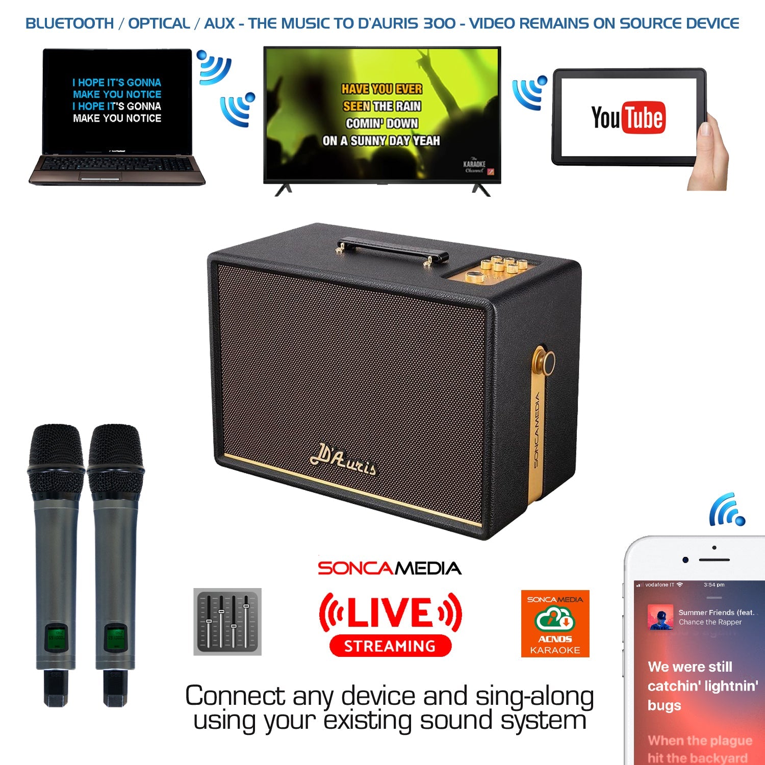 KBEATBOX D'Auris 300 – Premium Karaoke Sound System | 200W RMS | Wireless Mics - Karaoke Home Entertainment