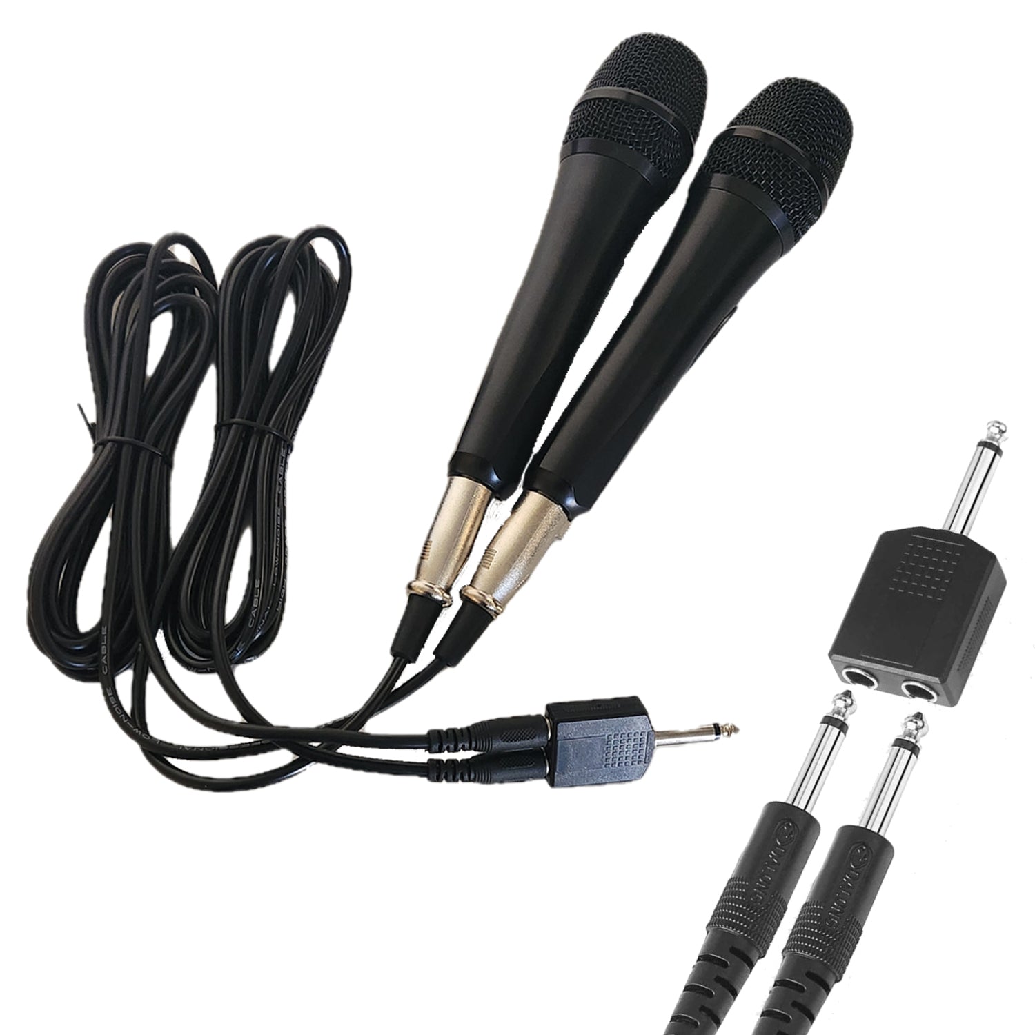 Mic Port Adapter (1 - to - 2) + 2x Wired Microphones with 3m Cables - Karaoke Home Entertainment