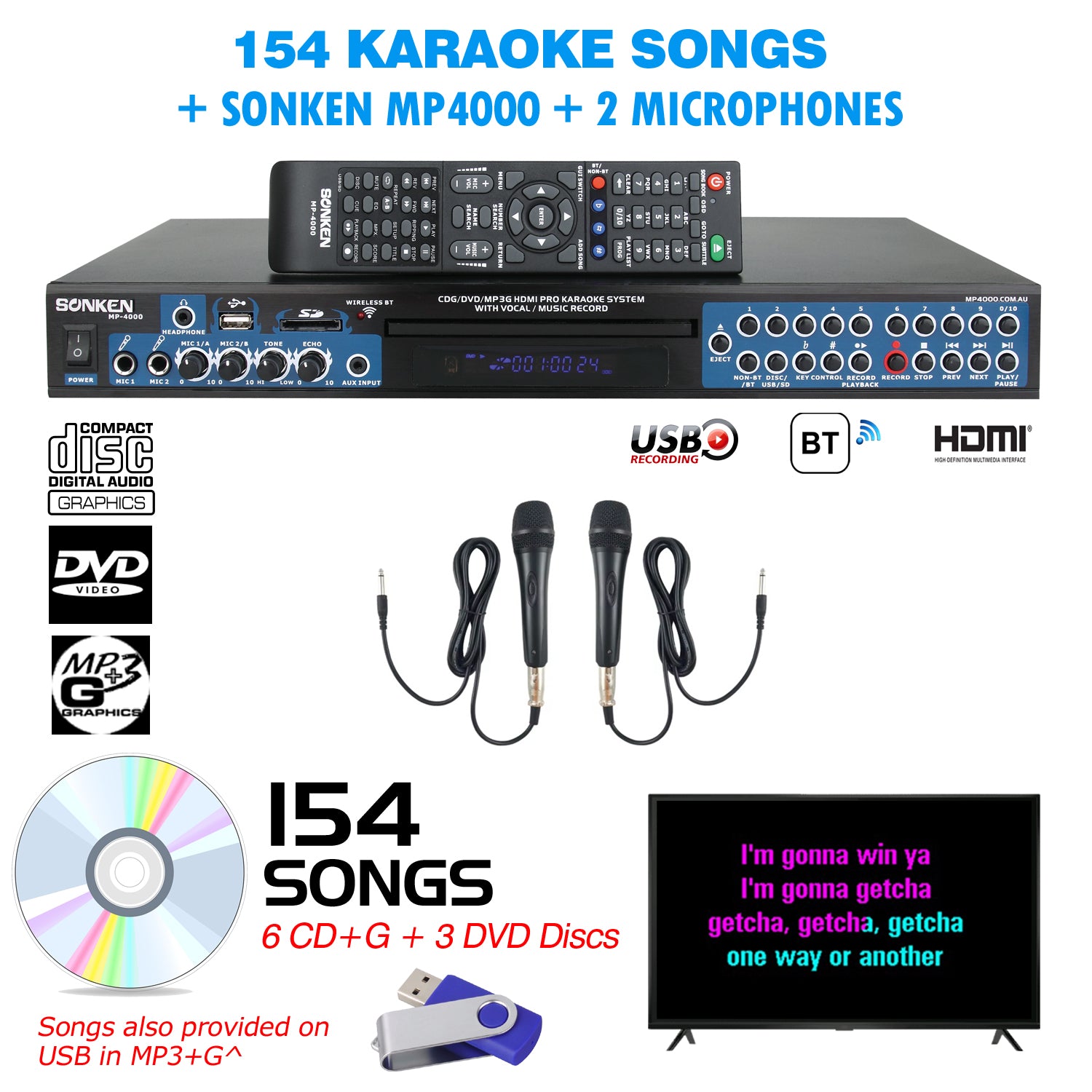 Sonken MP4000 Pro Karaoke Machine + 154 Songs + 2 Wired Microphones