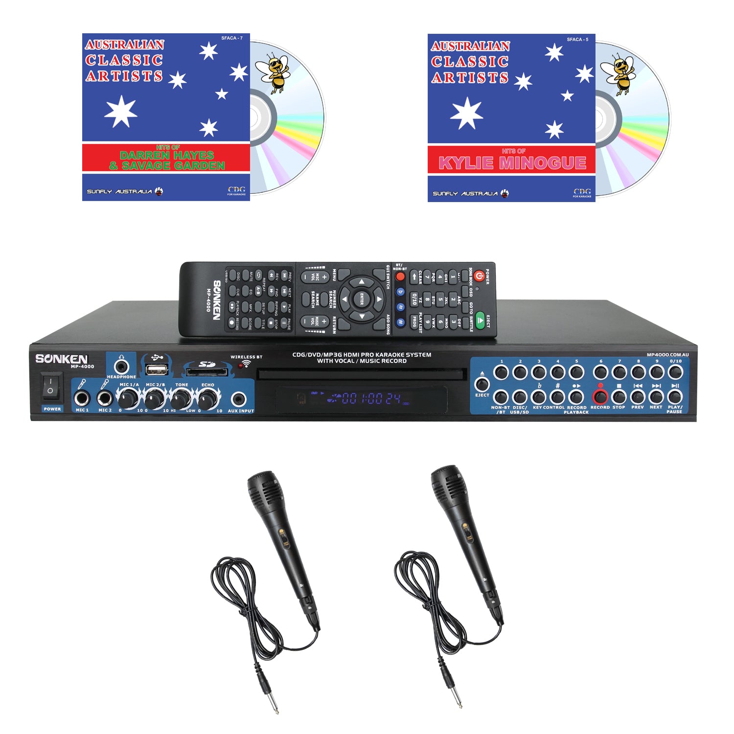 Sonken MP4000 Pro Karaoke Machine + 24 Songs [2 CD+G's] + 2 Wired Microphones