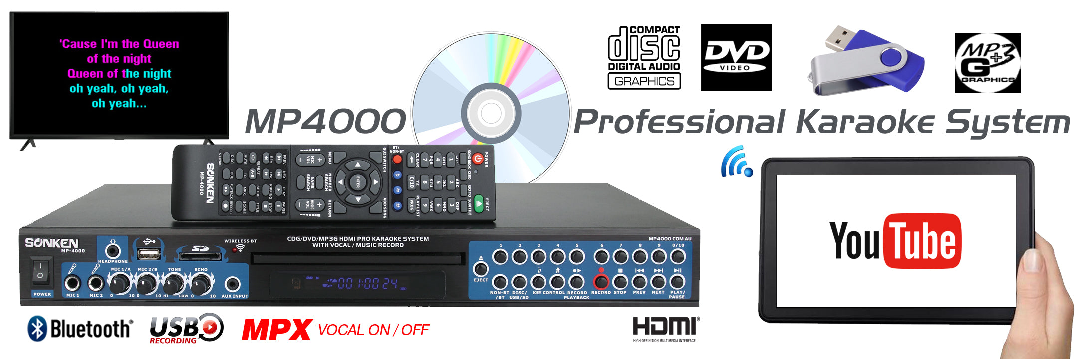 Professional Sonken Karaoke System for Disc and Downloads with Bluetooth Streaming from your phone/tablet and features music and vocal record to USB/SD.