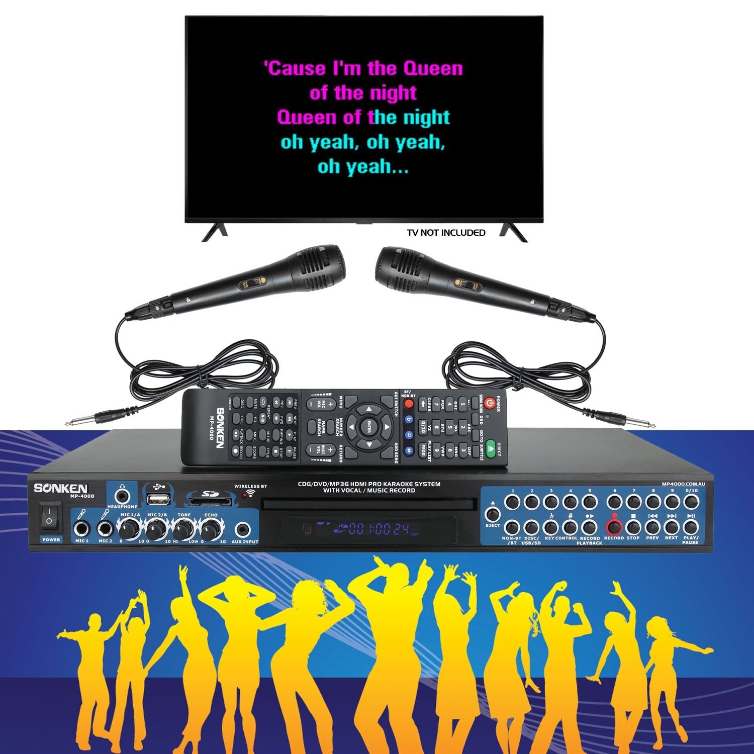 Sonken MP4000 Pro Karaoke Machine + 106 Songs + 2 Wired Microphones - Karaoke Home Entertainment