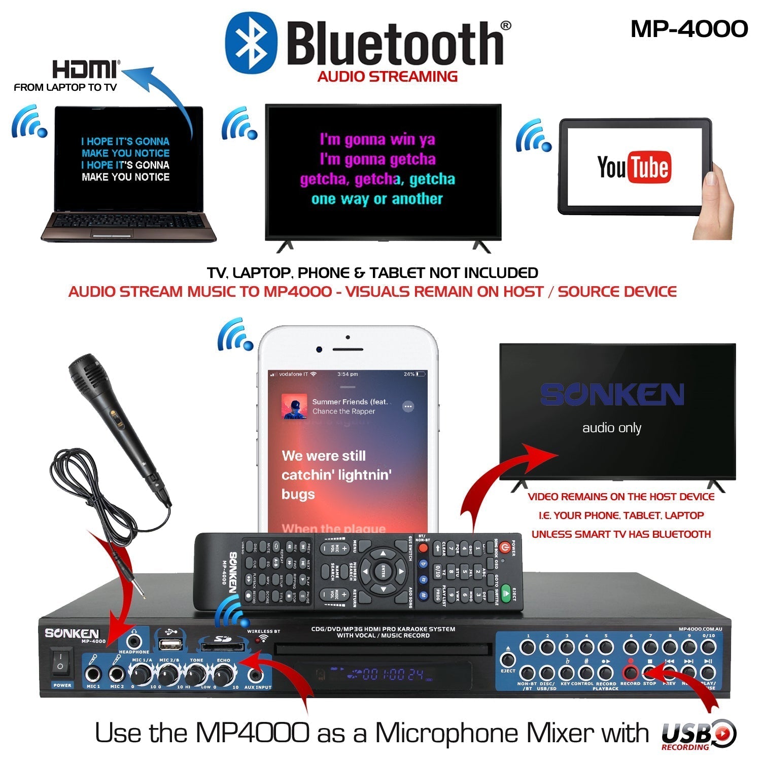Sonken MP4000 Pro Karaoke Machine + 178 Songs + 2 Wired Microphones - Karaoke Home Entertainment