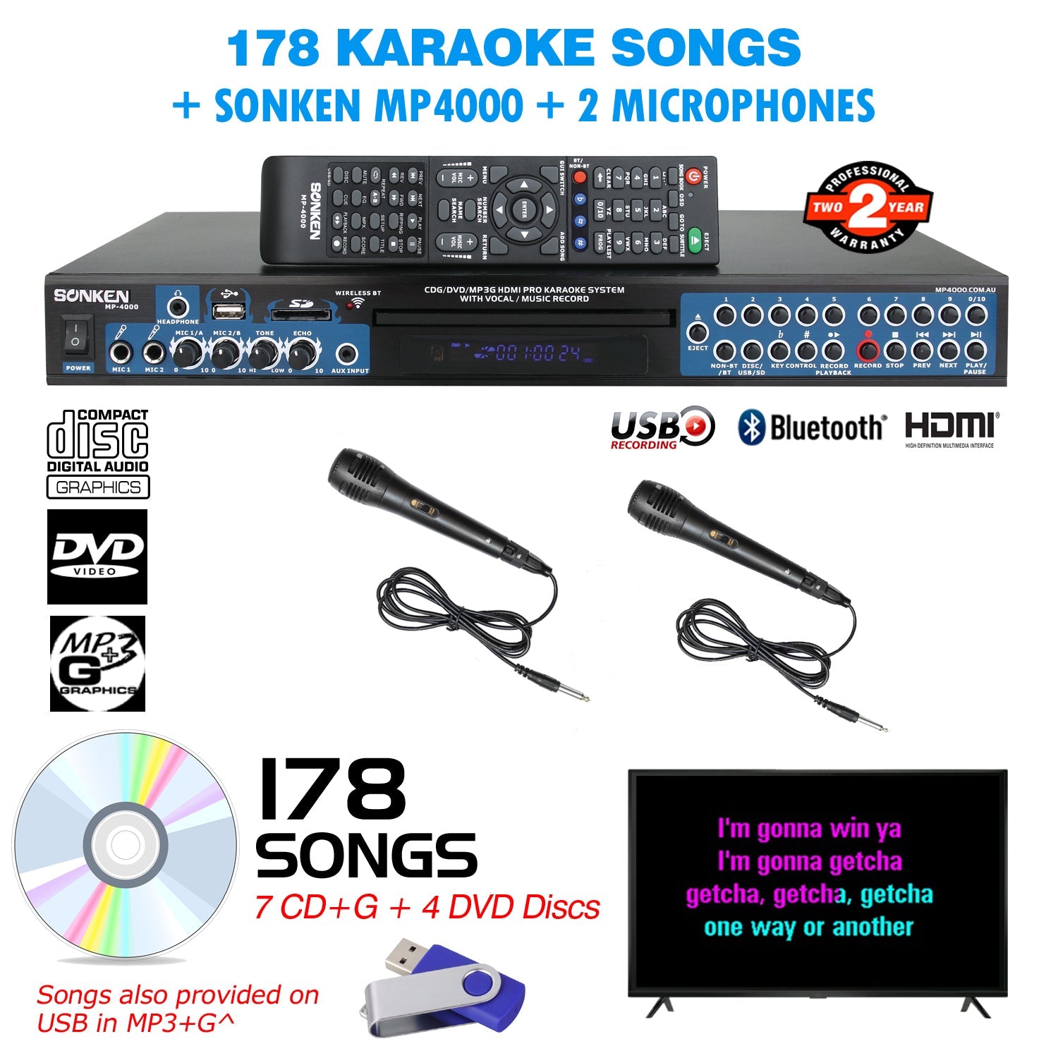 Sonken MP4000 Pro Karaoke Machine + 178 Songs + 2 Wired Microphones - Karaoke Home Entertainment