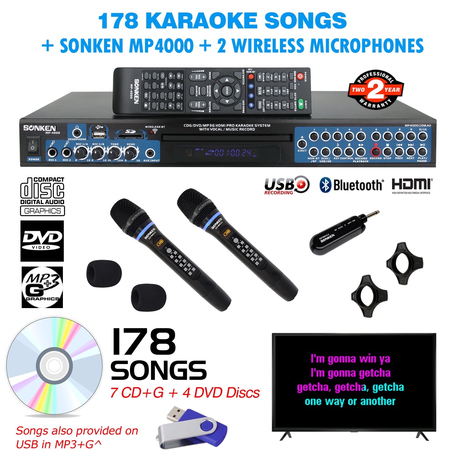 Sonken MP4000 Pro Karaoke Machine + 178 Songs + 2 Wireless Microphones - Karaoke Home Entertainment