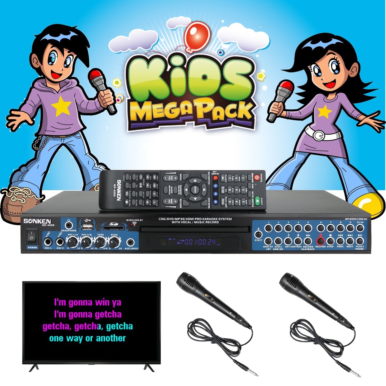 Sonken MP4000 Pro Karaoke Machine + 236 Kids Songs + 2 Wired Microphones - Karaoke Home Entertainment