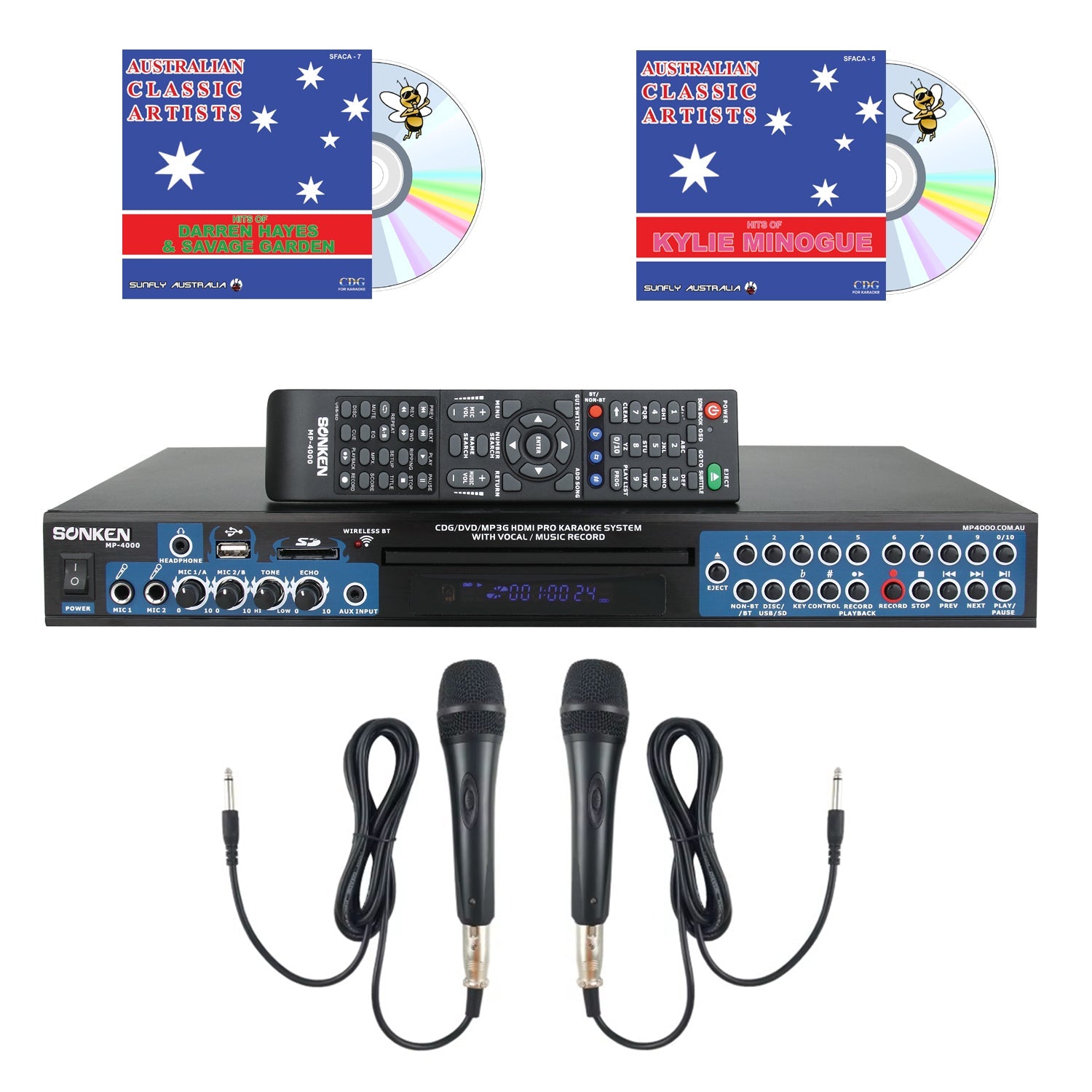 Sonken MP4000 Pro Karaoke Machine + 24 Songs [2 CD+G's] + 2 Wired Microphones - Karaoke Home Entertainment