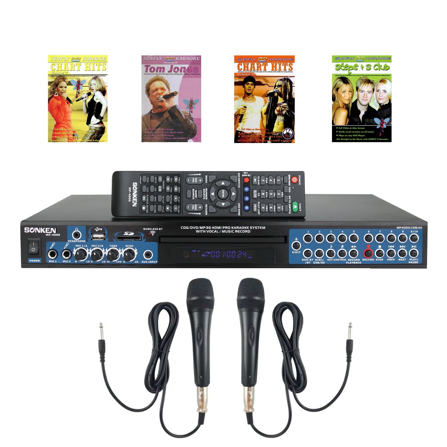 Sonken MP4000 Pro Karaoke Machine + 48 Vocal On + Off Songs [4 DVD's] + 2 Wired Microphones - Karaoke Home Entertainment