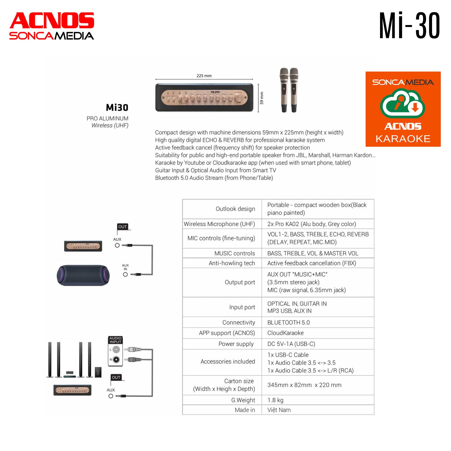ACNOS Mi-30 Compact Portable Karaoke Mixer + 2 UHF Wireless Microphones + Carry Bag - Karaoke Home Entertainment