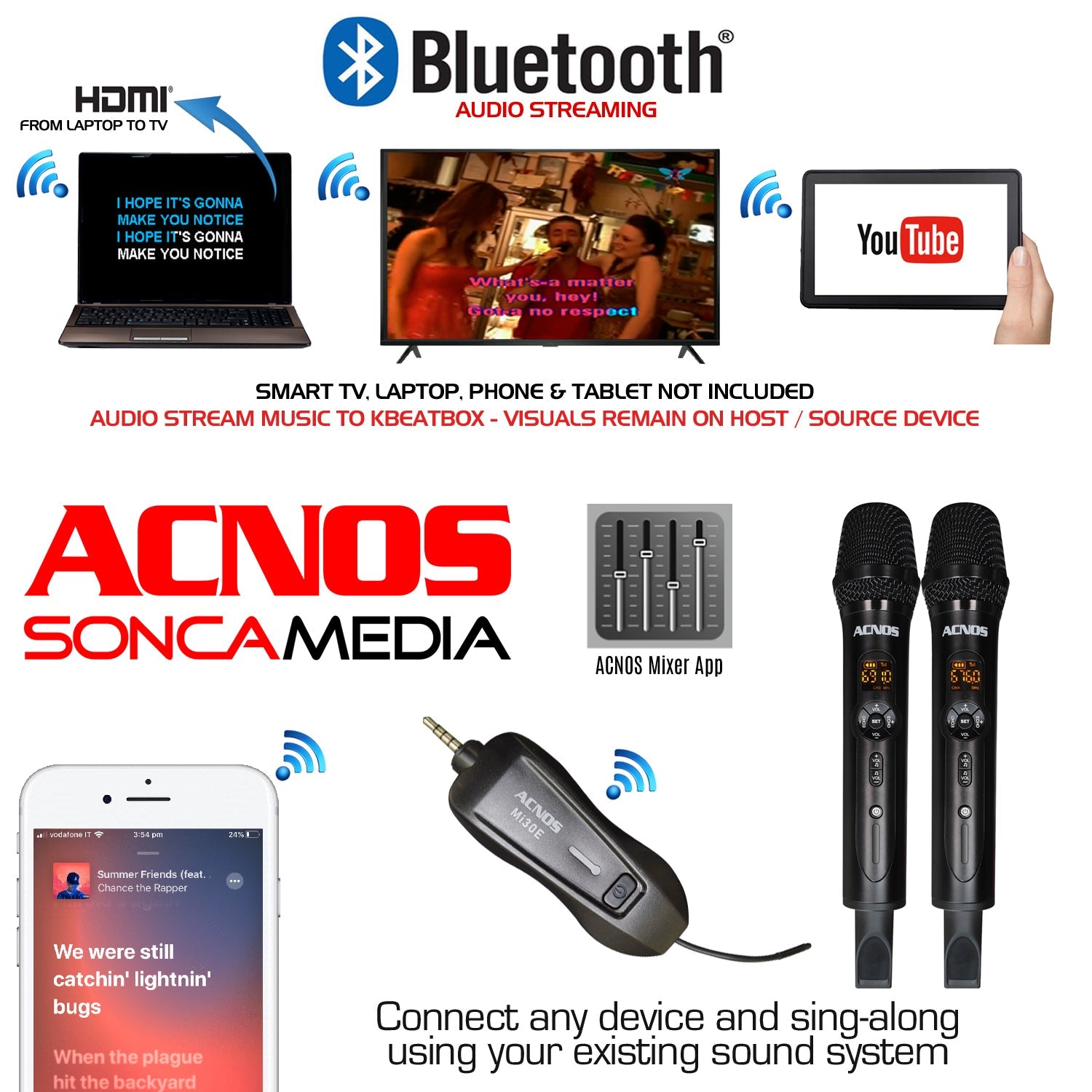 ACNOS Mi-30e Universal UHF Wireless Microphones (with Effects) + Bluetooth + Carry Bag - Karaoke Home Entertainment