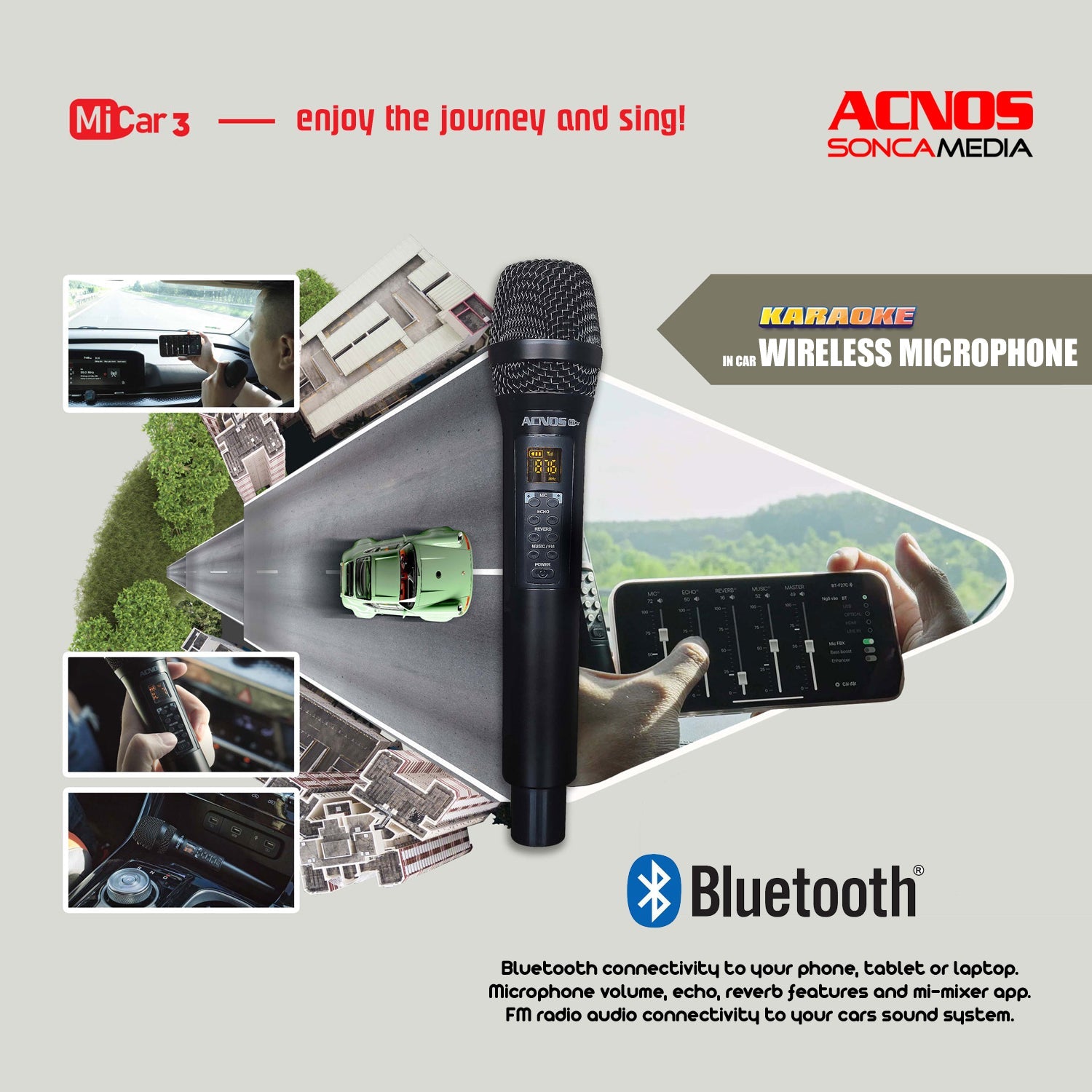 ACNOS Mi-Car 3 In Car Karaoke Wireless Microphone + Carry Bag (Bluetooth / FM) - Karaoke Home Entertainment